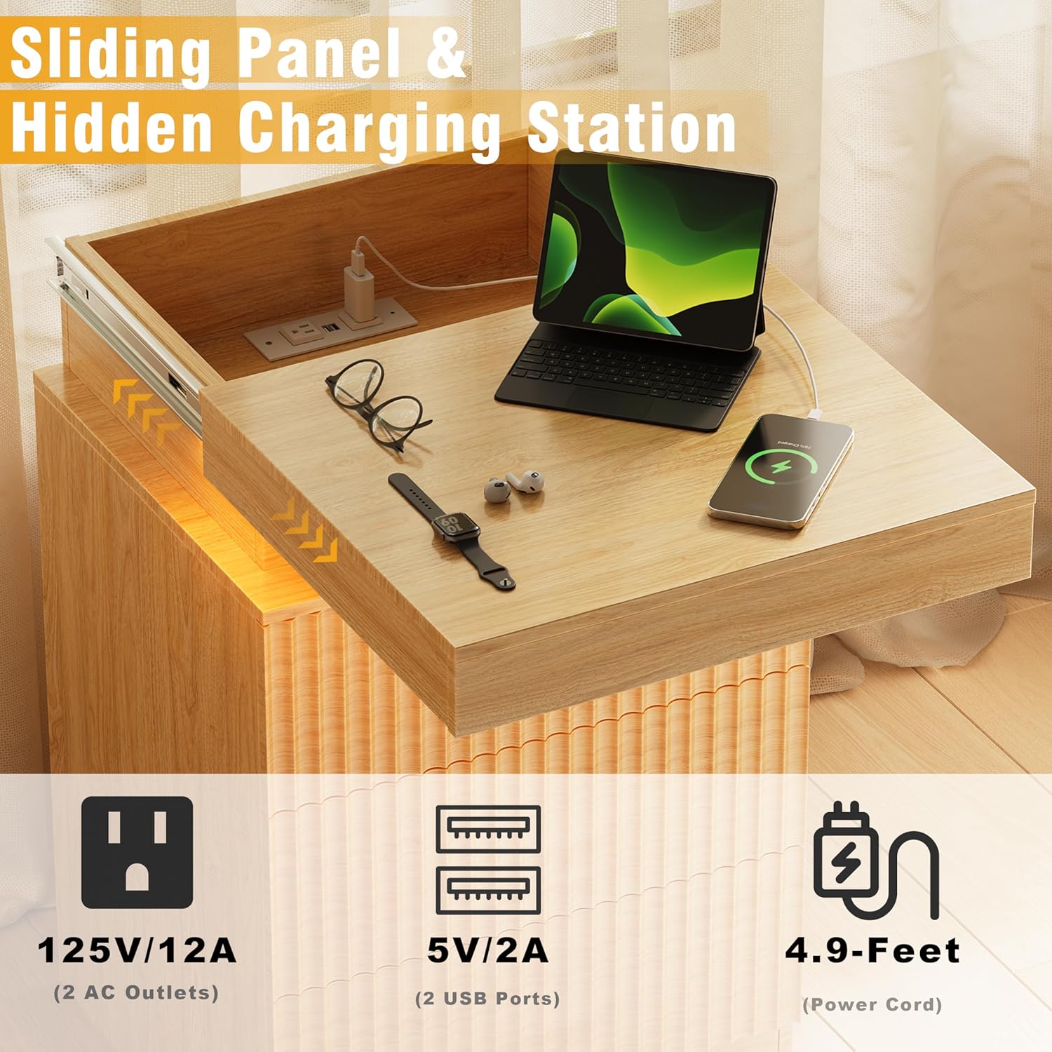 Wood Nightstand with 3 Drawers and LED Light, Mid Century Modern Fluted Night Stand with Charging Station, Bedside Table & End Table for Bedroom