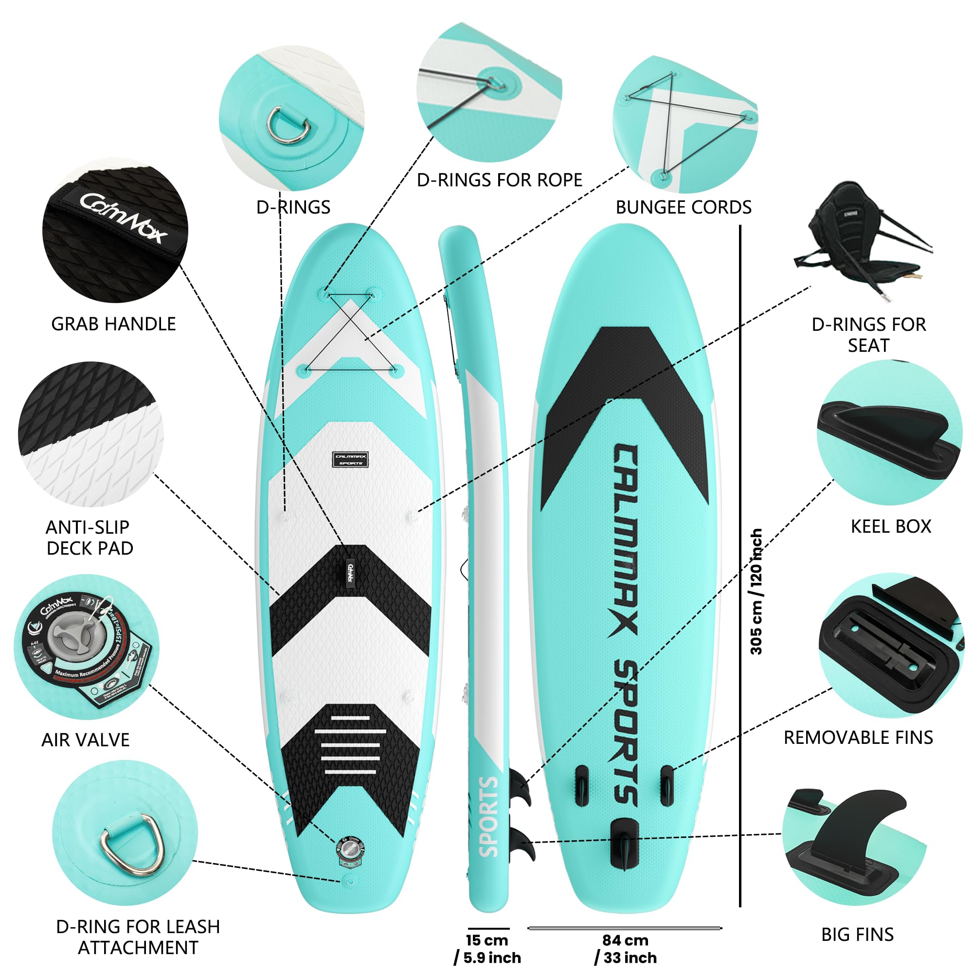 CalmMax Tabla de Stand Up Paddle Surf Hinchable 320x76x15cm 10.6 'a 150kg Portátil con Paleta, Bomba y Accesorios completos Juego de Tabla de Sup para jóvenes y Adultos