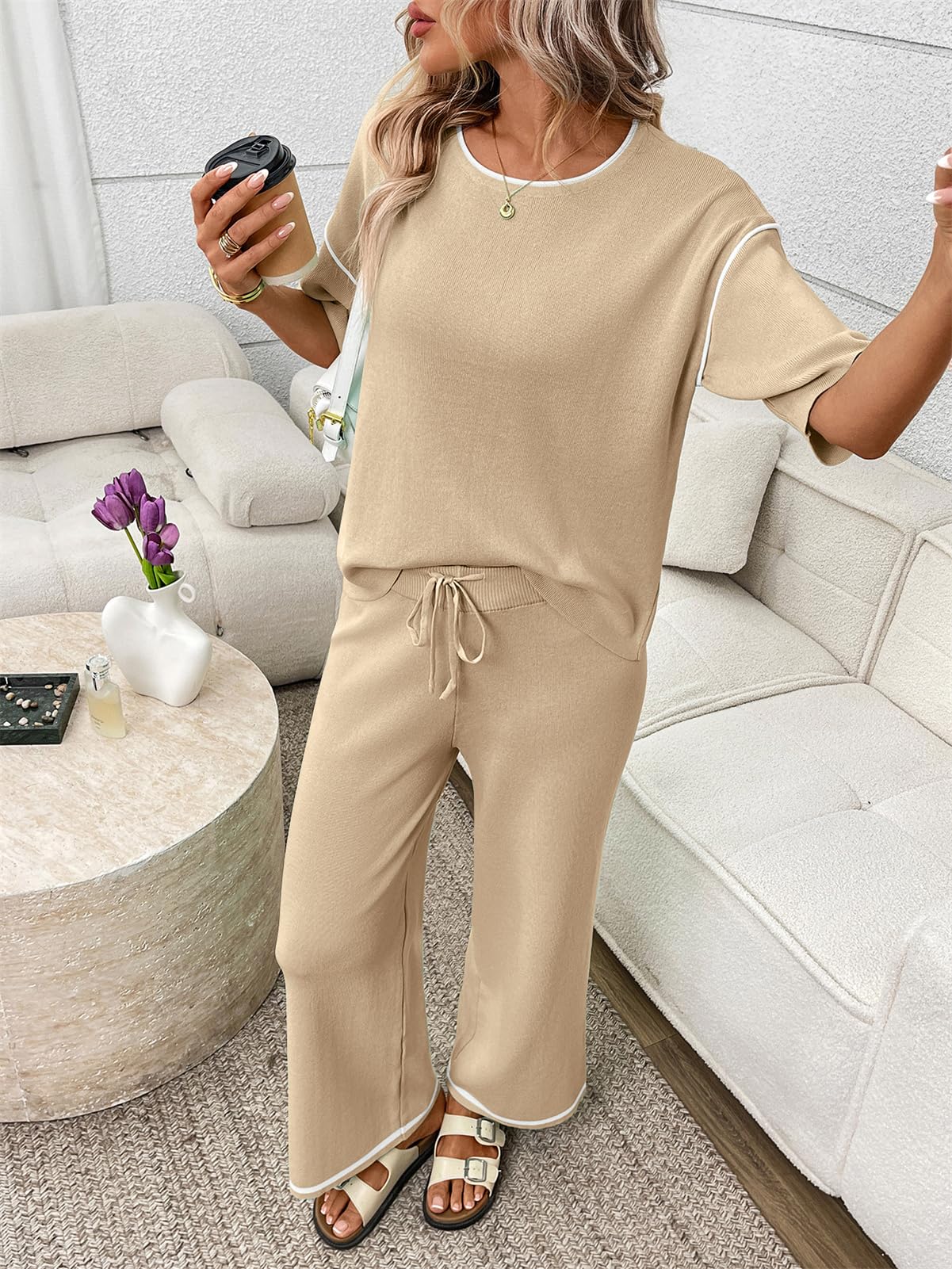 SotRong Tuta da donna in seta di ghiaccio, set da salotto in due pezzi, casual, a maniche corte, maglione a maniche corte e pantaloni a gamba larga con coulisse abbinati