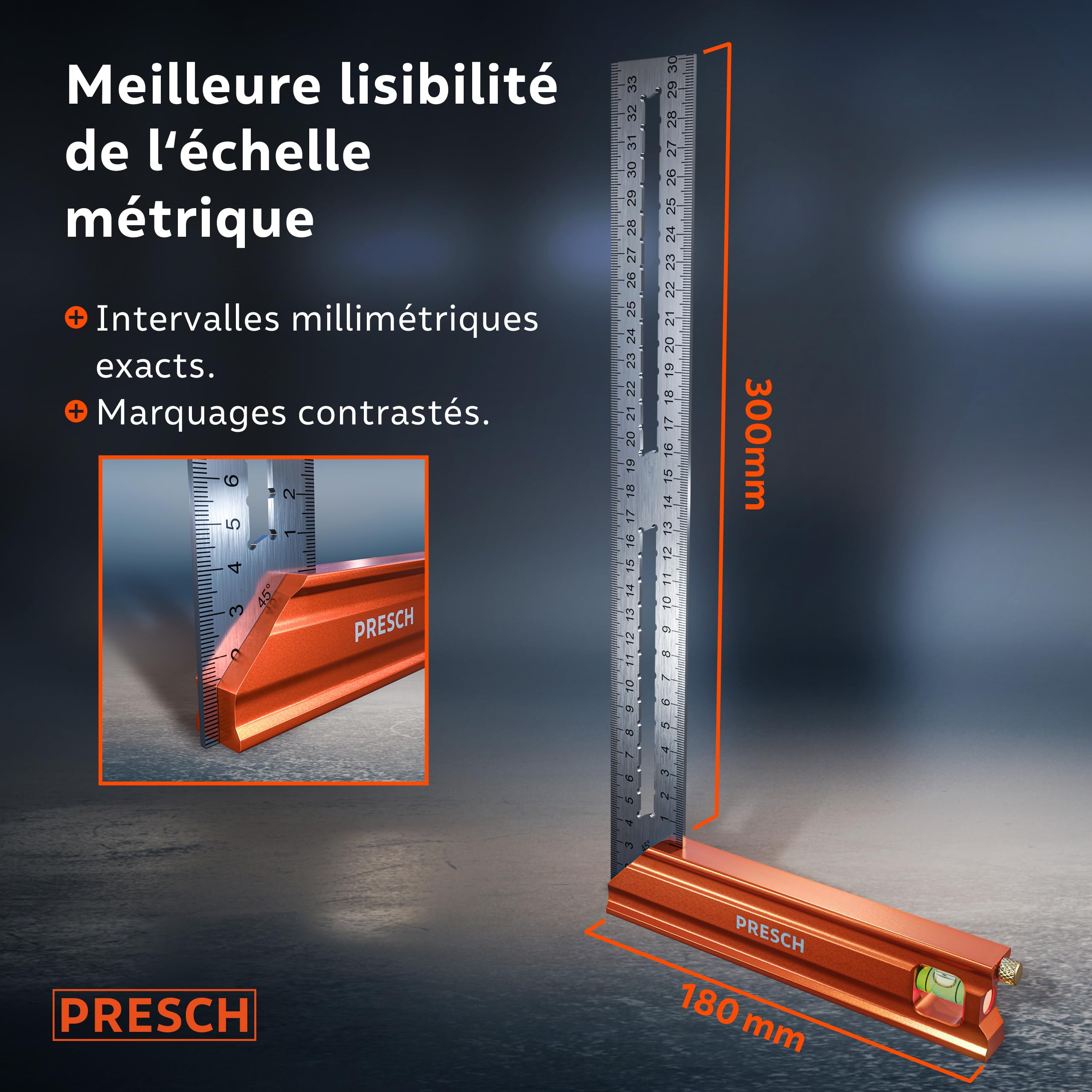 Presch Équerre de Menuisier 300mm - Moyen - Avec jauge (30cm), niveau à bulle et pointe à marquage - 90° et 45° degrés - Équerre a chapeau, Équerre de precision et charpentier
