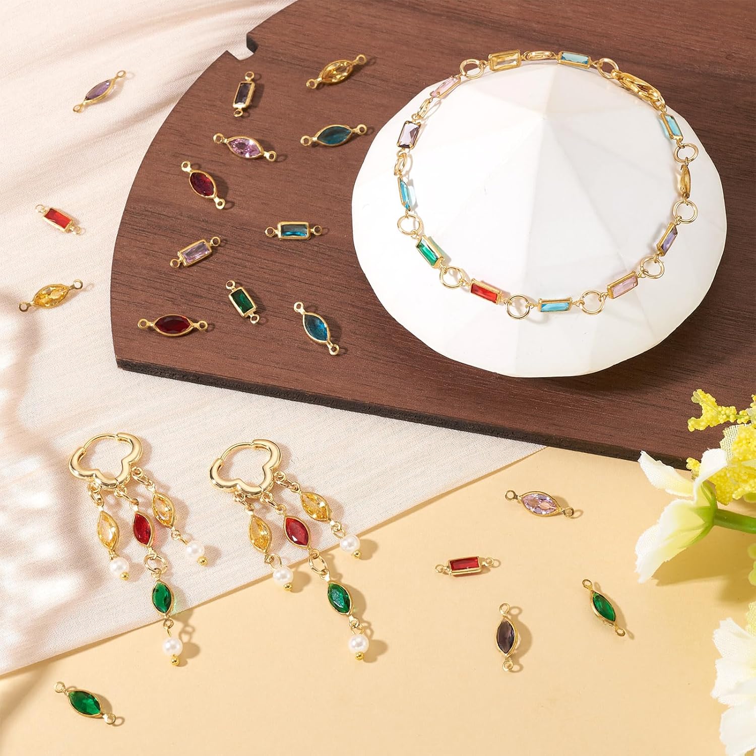 Cheriswelry 60Pcs Crystal Glass Connector Charms Oval Rectangle Glass Link Pendants Gold Plated Metal Bracelet Charms with Brass Finding 11.5-14mm for Bracelet Necklace Earring Jewelry Making - Image 3