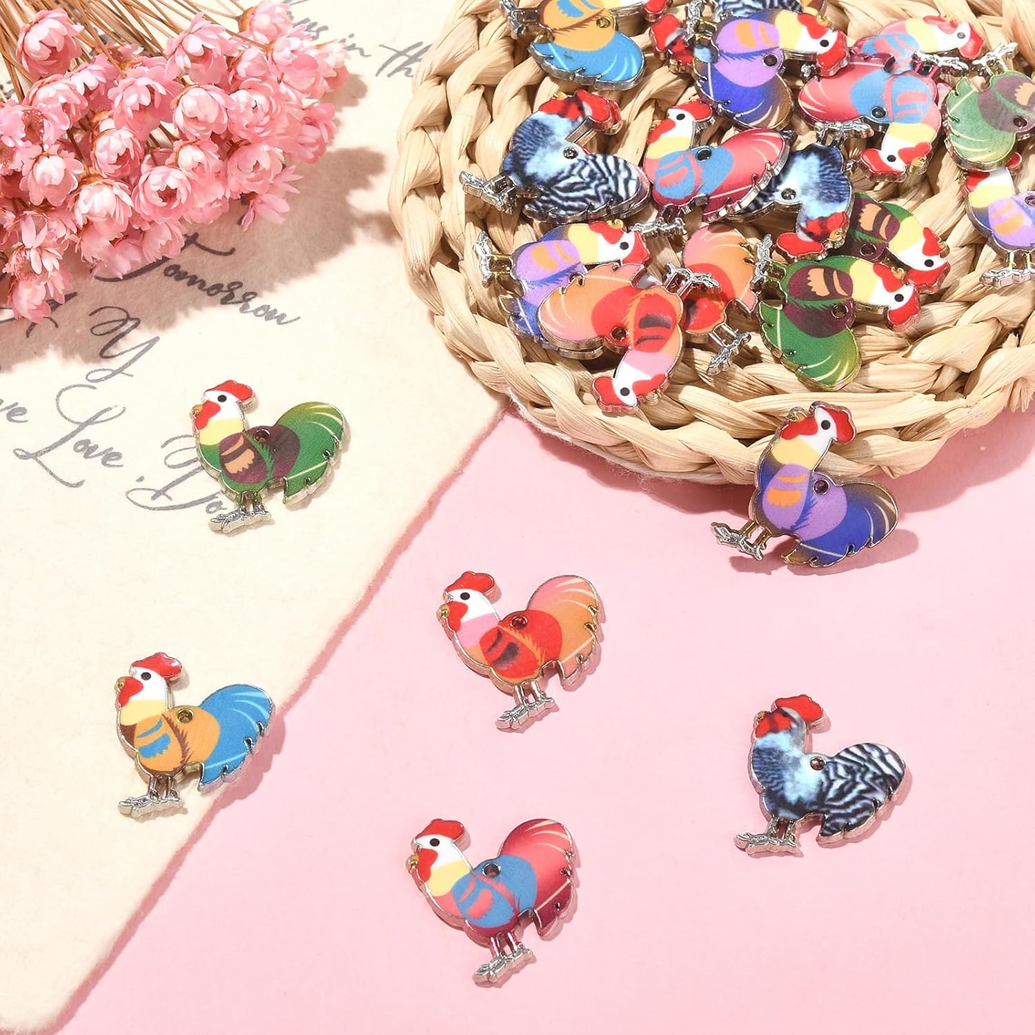 30 Pcs 6 Colors Chicken Rooster Cock Charms Pendant Alloy Enamel Animal Colorful Charms for Necklace Bracelet Earrings Jewelry Making DIY Craft Supplies