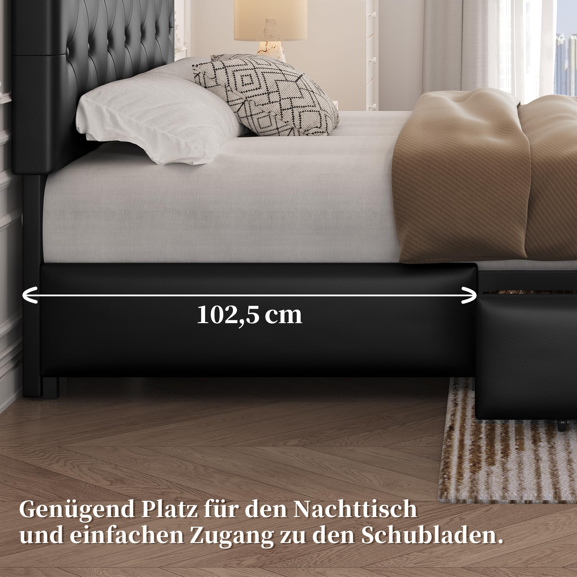 Yaheetech Polsterbett 140 x 200 cm Doppelbett Bettrahmen mit 2 Schubladen | Höhenverstellbares Kopfteil Jugendbett Gepolstertes Bett mit Lattenrost viel Stauraum, Schwarz