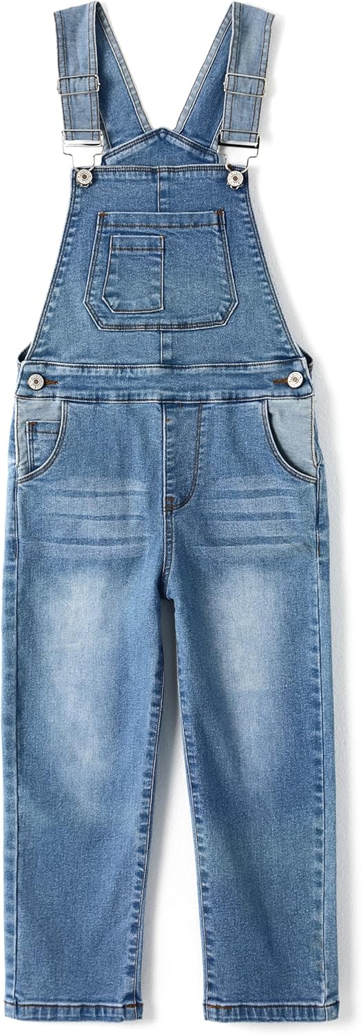 KIDSCOOL SPACE Girls Denim Overalls, Elastic Waistband Inside Washed Stretchy Jeans Jumpsuit
