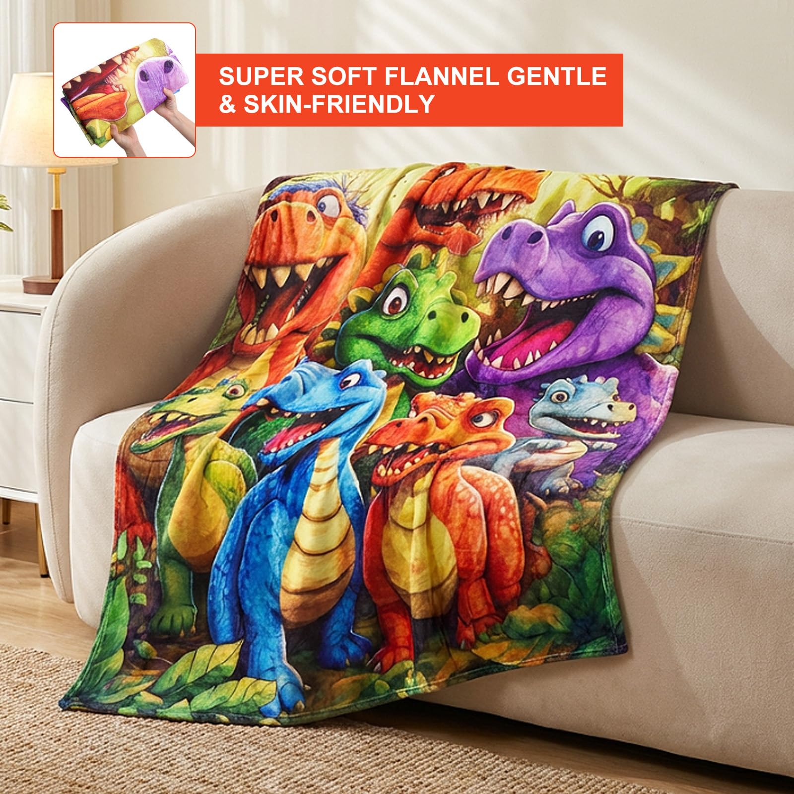 Koc Dinozaur Dziecięcy 150x130 cm – Miękki Koc Polarowy Flanelowy z Uroczym Motywem Dinozaura, Koc Dziecięcy na Kanapę, Łóżko, Sypialnię, Narzuta Dino, Prezent