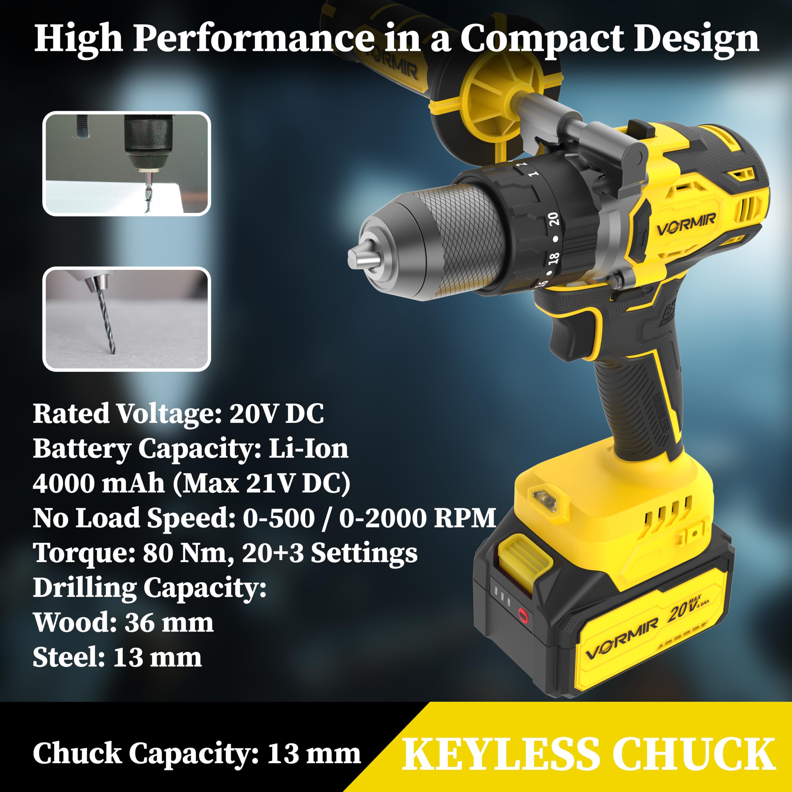 IBELL VORMIR VR BD21-80 20V Max Brushless Cordless Impact Drill | 80 Nm Torque | 0–2000 RPM | 30000 IPM | 13mm Metal Chuck | 2-Speed | 20+3 Mode Settings | 4.0Ah Battery | BMC Box 2