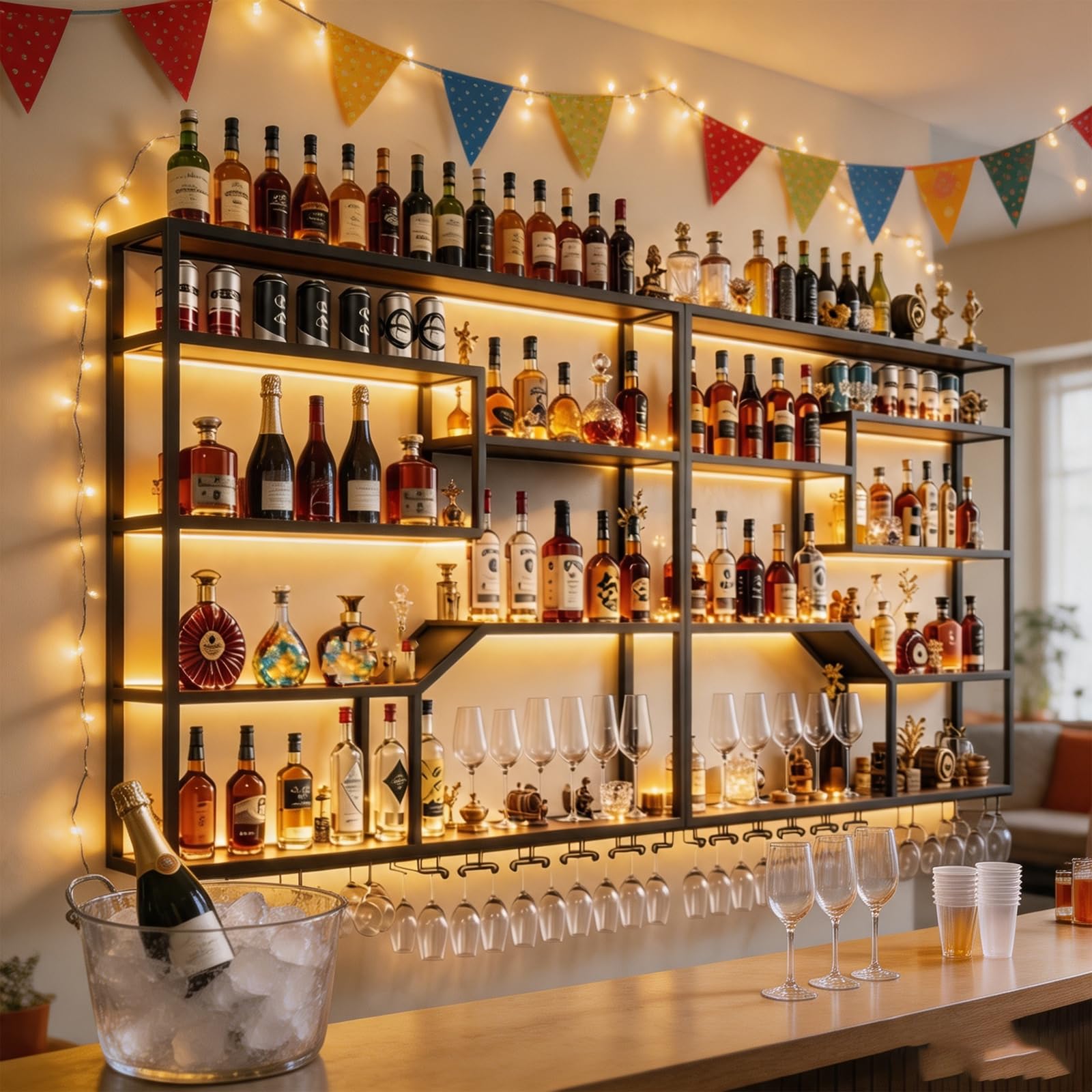 Botellero Modular de Pared con luz LED (Negro, 200CM) | Botellero de pared LED modular, 4 niveles, hierro y nogal; hasta 200 botellas; largo 200-300 cm; portacopas incluido
