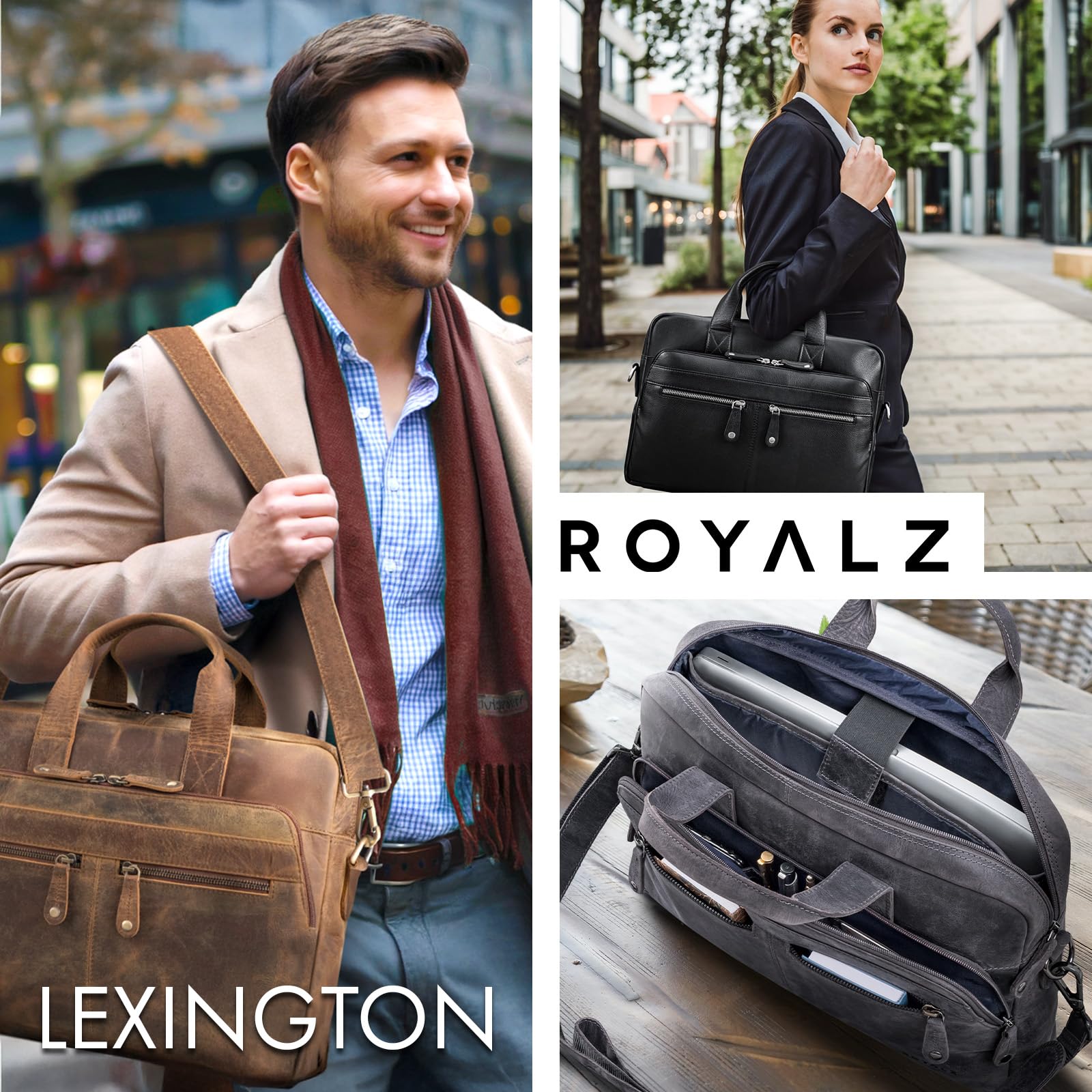 ROYALZ 'Lexington' borsa a tracolla moderna in vera pelle uomo donna medio-grande - borsa piatta in pelle per laptop 13-14,5 pollici da portare a tracolla