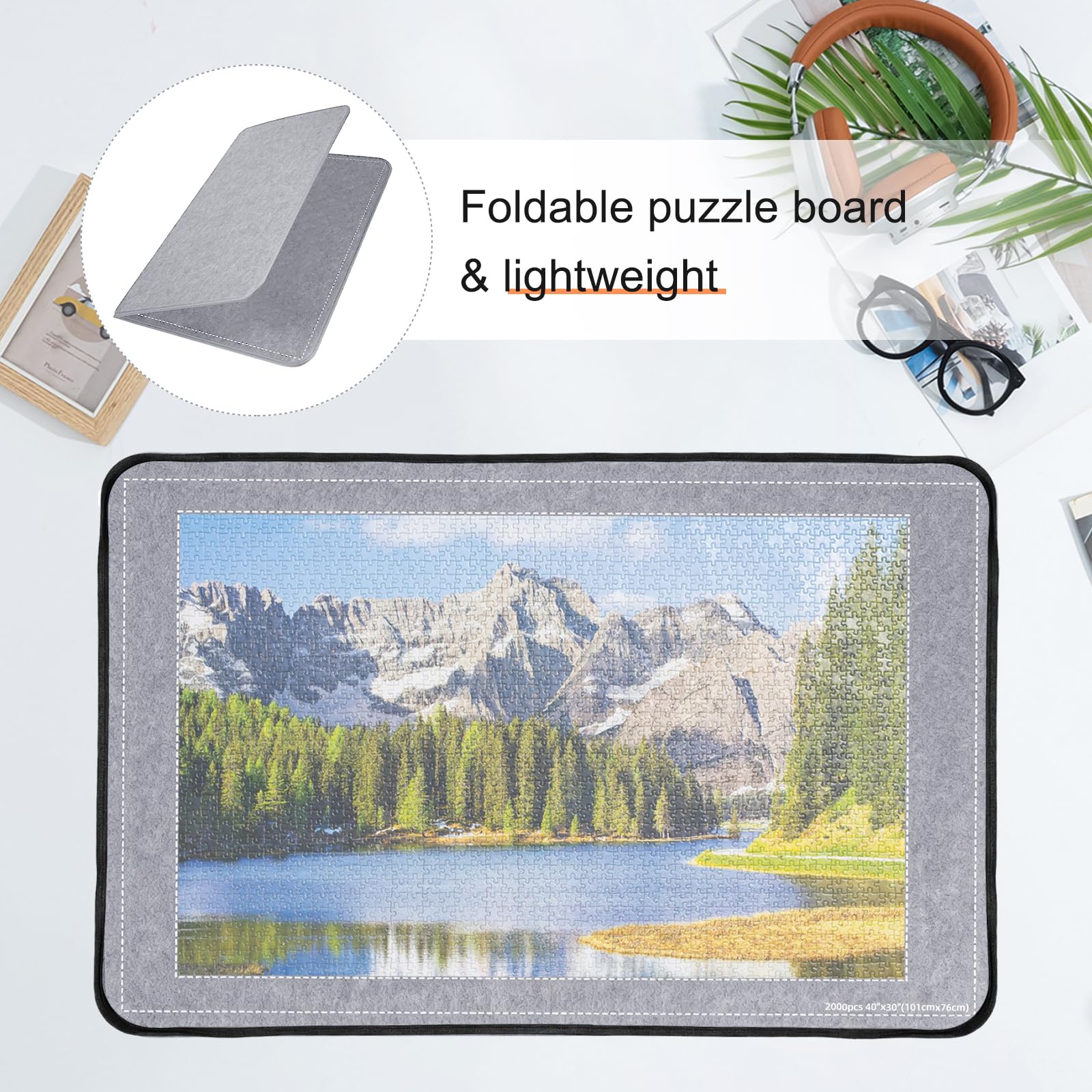 Tavolo puzzle da 2000 pezzi con copertura, puzzle pieghevole, accessori puzzle 105 x 80 cm, super leggero in feltro con 8 scomparti per la selezione e 1 copertura, piatto puzzle portatile, grigio