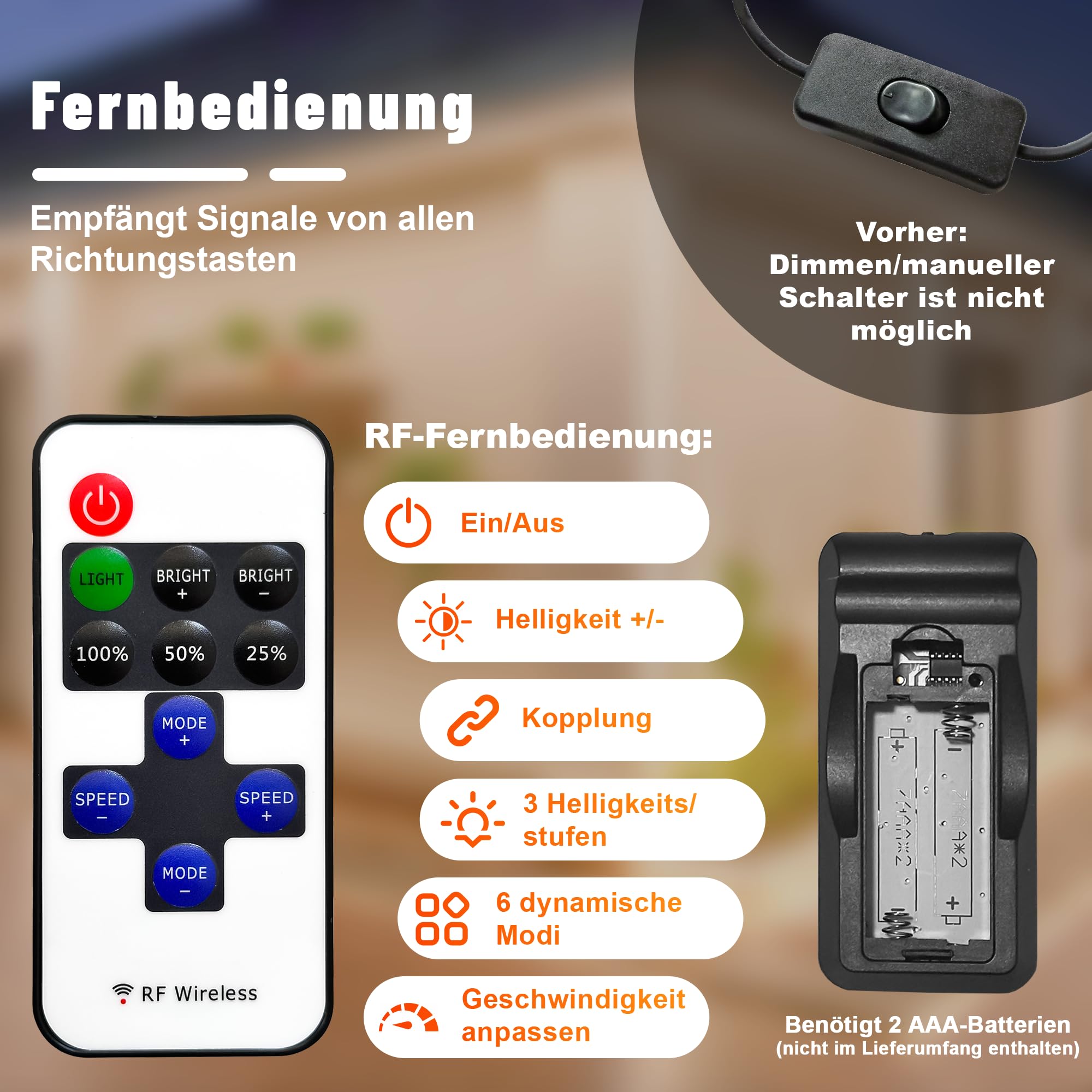 Outdoor IP67 Wasserdicht COB LED Streifen 15M Mit Fernbedienung, AC 220V-230V Dimmbar Direktanschluss 2700K Warmweiss LED Strip, Superhell Selbstklebend für den Außenbereich, Garten, Terrasse