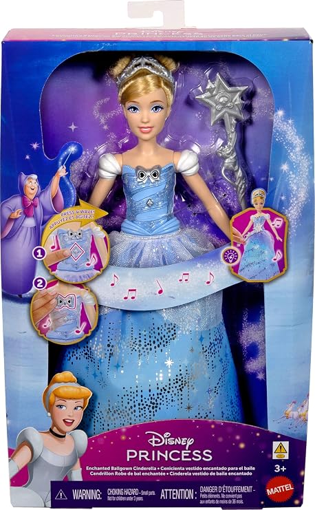Mattel Disney Princess Cinderella Light-Up Dress Fashion Doll with Sounds & Magic Wand Activation, Enchanted Ballgown Cinderella Inspired by Movie