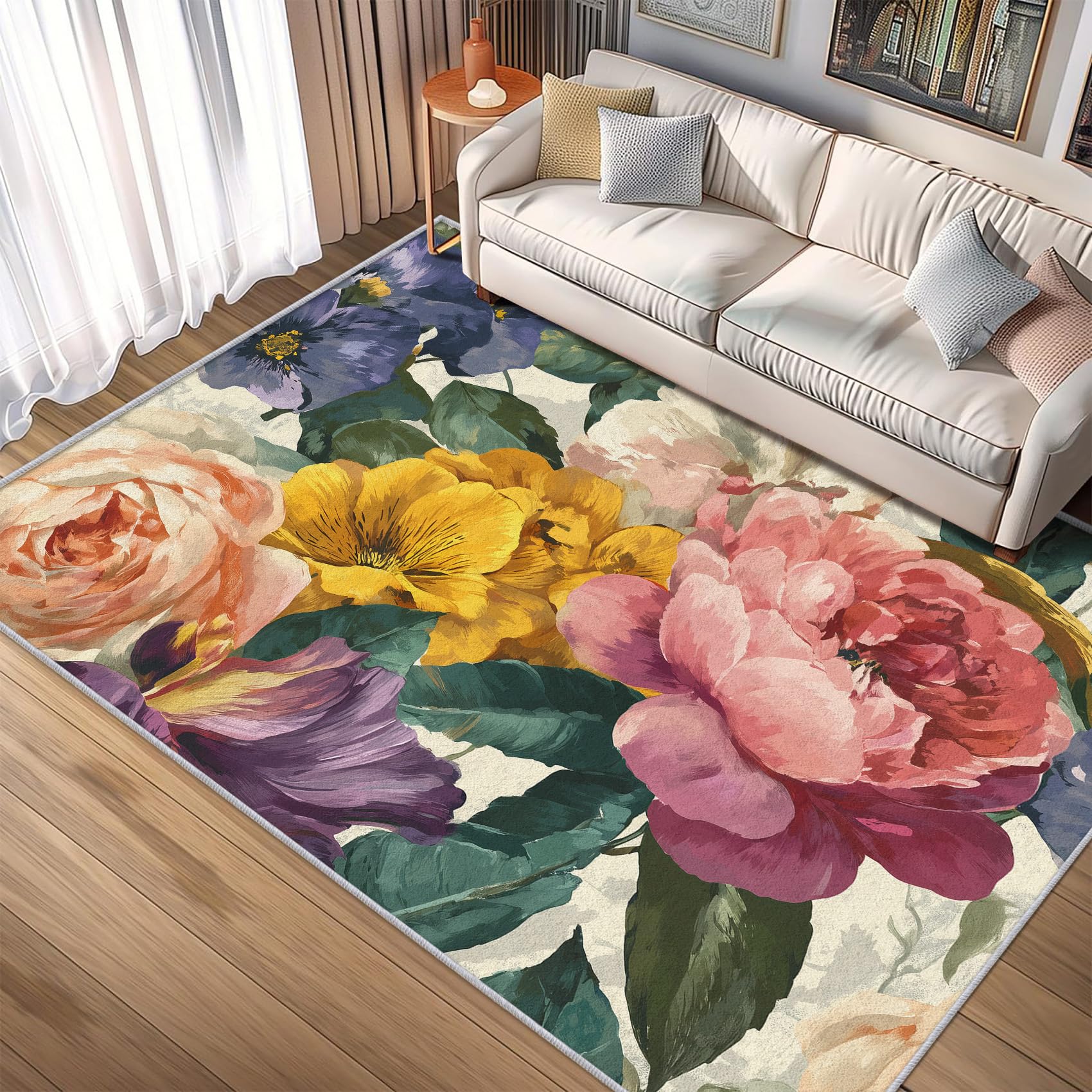 Tapis imprimé aquarelle de pivoine poil ras antidérapant