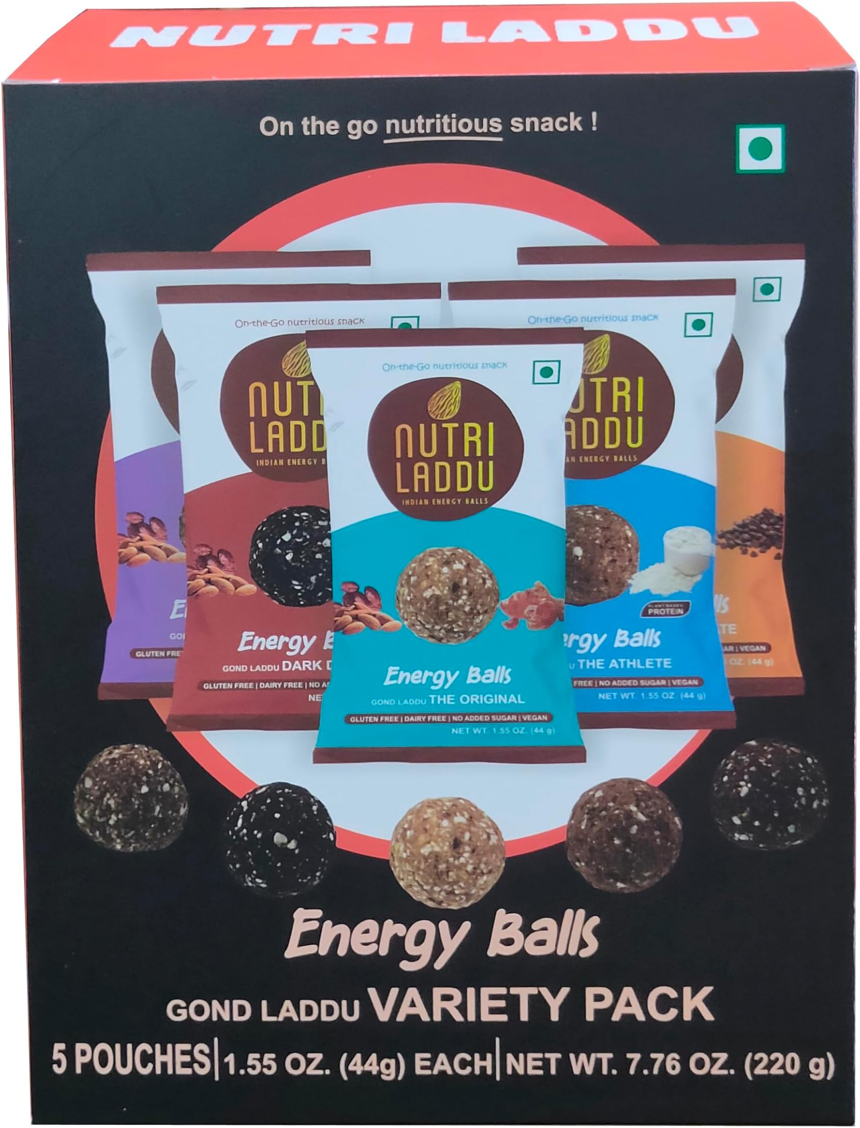 Nutri Laddu Indian Energy Balls, Keto Friendly, On-The-Go Single Serve Snack (Box of 5 Pouches) Each Pouch Has 2 Balls (Variety Pack)