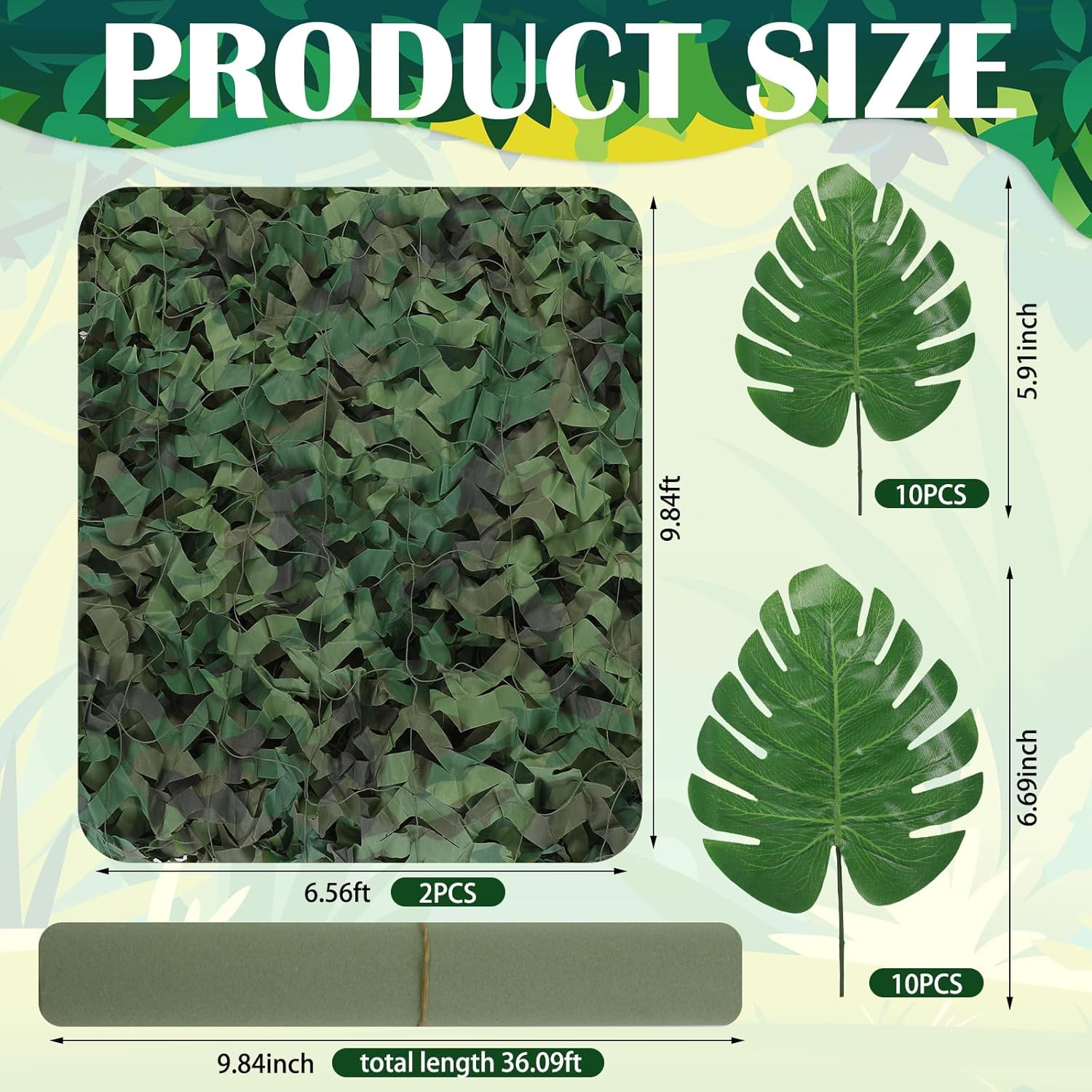 Preboun 1 Set/23 Pcs Jungle Theme Decoration Kit, 10 x 13 ft Camo Netting with Tropical Rainforest Theme Leaves and Artificial Rattan for Hawaiian Luau Rainforest Party Decoration Indoor Outdoor