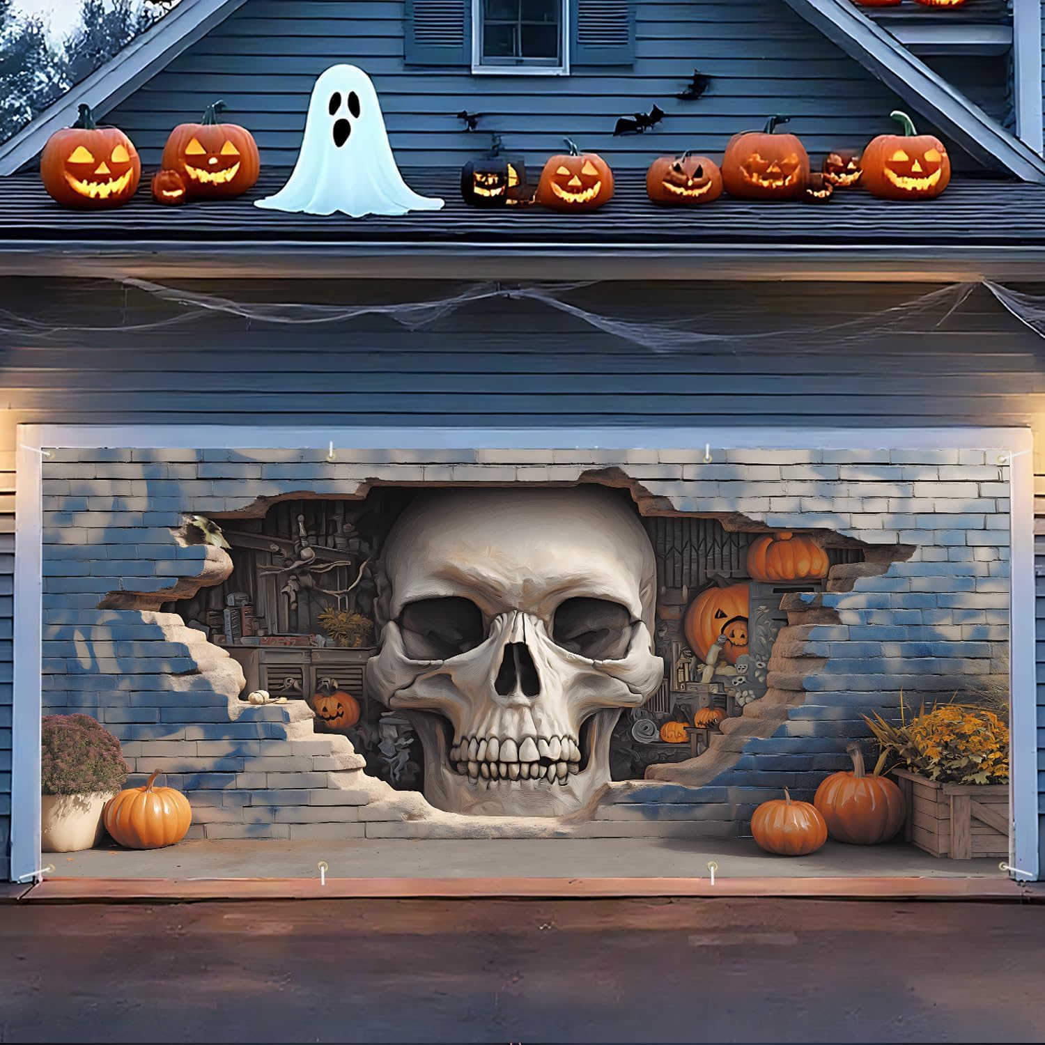 ANNA QUEEN Halloween Decorations Skull Wall Halloween Garage Door Banner 6 x 13FT,Pumpkin Skull Ghost Backdrop 71"x157" Horror Garage Door Cover Decoration