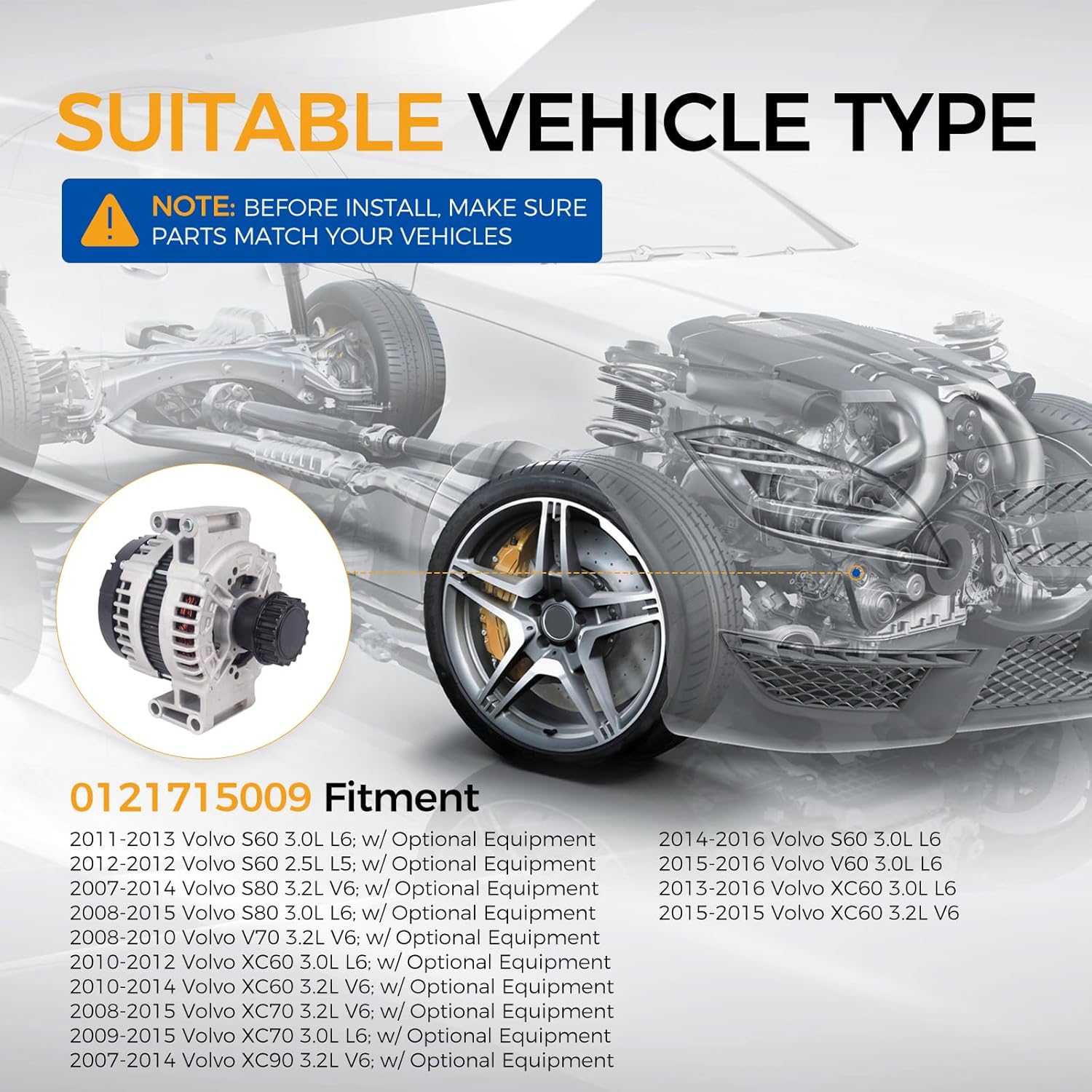 PAROD Alternator Fit for 2011-2016 Volvo S60, 2007-2015 S80,2015-2016 V60,2008-2010 V70,2010-2015 XC60,2008-2015 XC70,2007-2014 XC90-180A 12V CCW Replace#0121715009