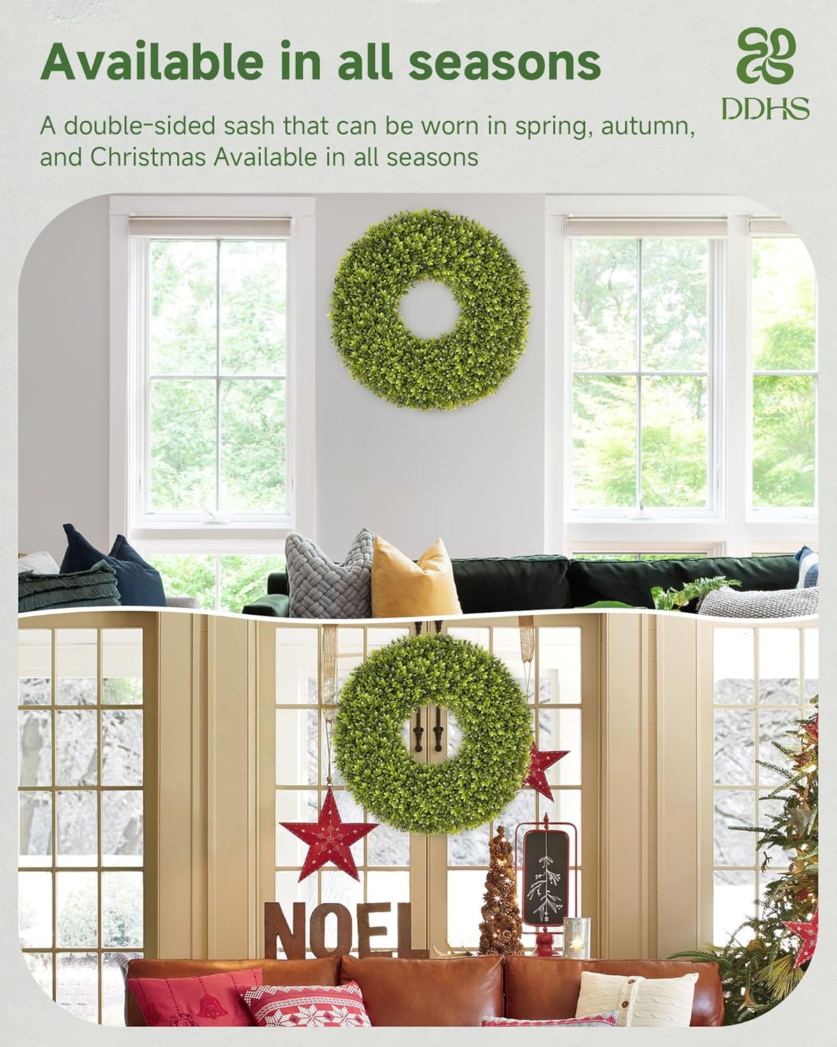 DDHS 24''Boxwood Wreaths for Front Door,Artificial Spring Wreaths for Farmhouse Wedding Green Year Round Indoor Outdoor for Fall Summer Christmas Wreath Home Decorations-Green - Image 4