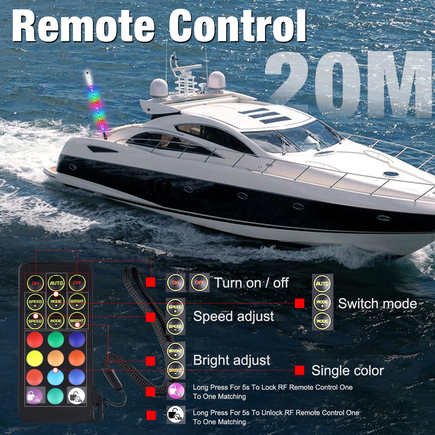 Luce di ancoraggio per barca a spirale, 360 °, con telecomando, con base plug-in, luce di navigazione a frusta per barche da pesca, yacht