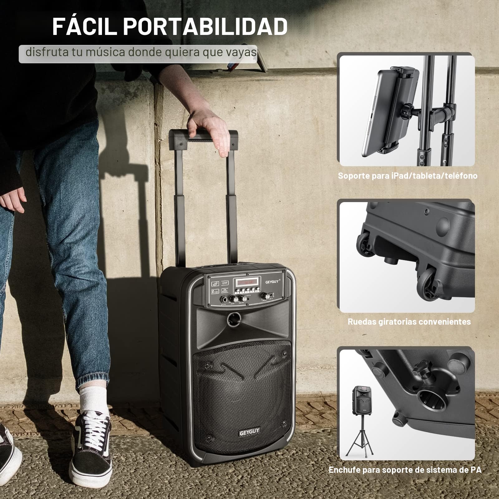 Sistema de Altavoces PA 8” Portátil con 2 Micrófonos Inalámbricos, Karaoke Bluetooth con Trolley, DSP/Grabación/FM/USB/TV, para Interiores y Exteriores, Control Remoto, Negro