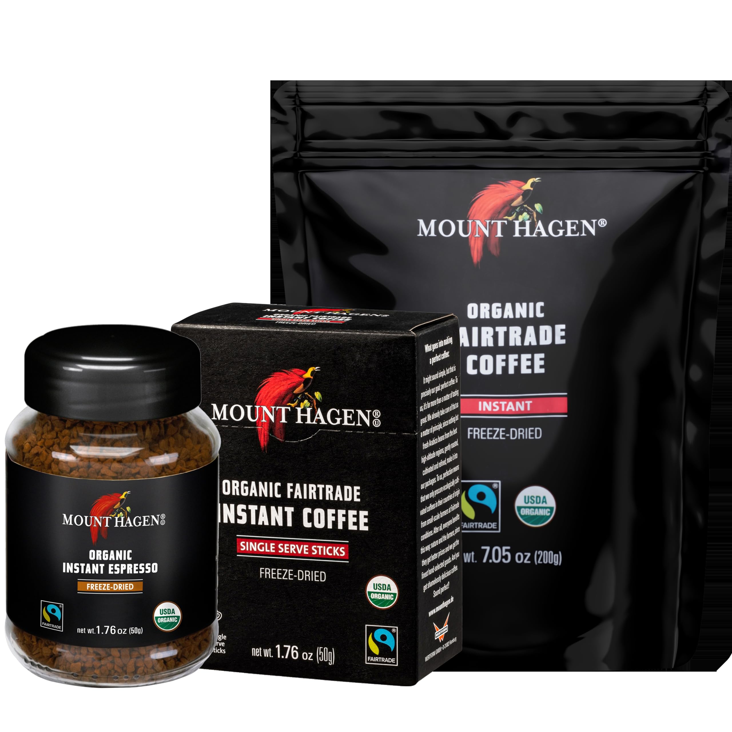 Bundle: Instant Espresso Ground Coffee 1.76oz, Organic Freeze Dried Instant Coffee 7.05oz, and 25 Count Single Serve Instant Coffee Packets