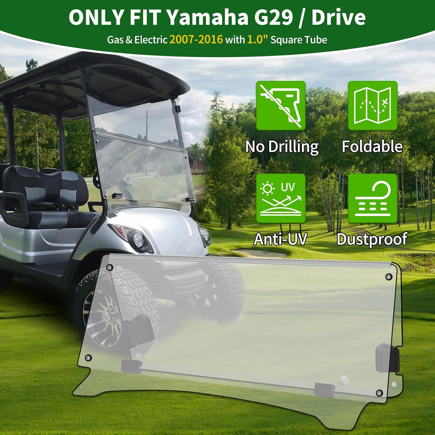 Golf Cart Foldable Windshield 3/16" (5MM) Thicken Only Fits 2007-2016 Yamaha G29/Drive, Fits 1"×1" Struts Rail Front Folding Acrylic Windshield Replacement, Included Mounting Hardware