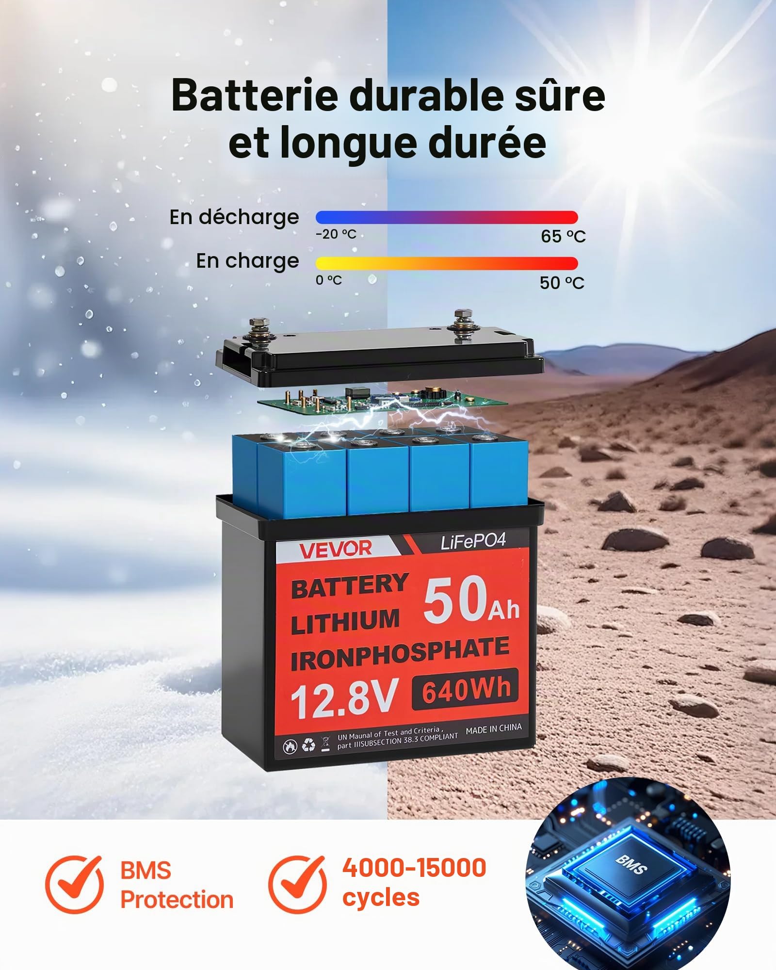 VEVOR Kit Solaire Complet Hors Réseau 200 W 12 V 2 Panneaux Solaires Monocristallins 100 W, Batterie LiFePO₄ 12,8 V 50 Ah, Contrôleur de Charge 40 A, Onduleur 800 W, pour Camping-car, Maison, Bateau
