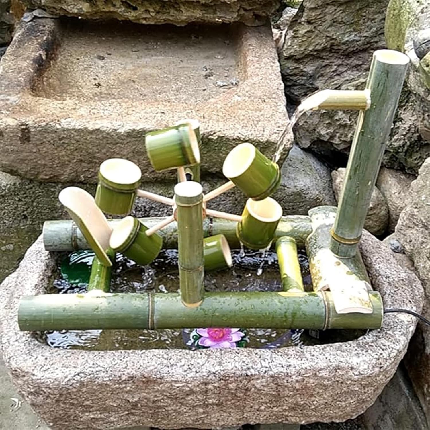 Handmade Bamboo Water Fountain with Pump, Zen Feng Shui Flowing Water Feature, Outdoor Garden Fountain, Circulating Water Landscape Decor, for Pond, Stone Trough, Backyard, 23.6in(60cm)