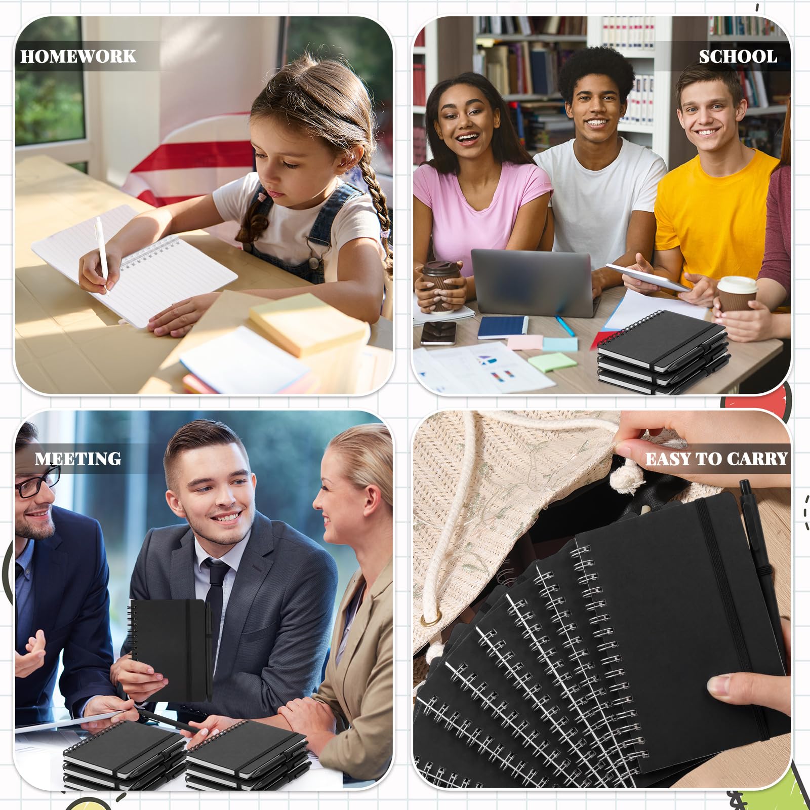 Fulmoon Set di 30 quaderni a spirale A6 con penna a sfera in 10 colori, 50 fogli, 10,2 x 15,2 cm, a righe, piccoli quaderni per il rientro a scuola, studenti, regali per ufficio e colleghi (nero