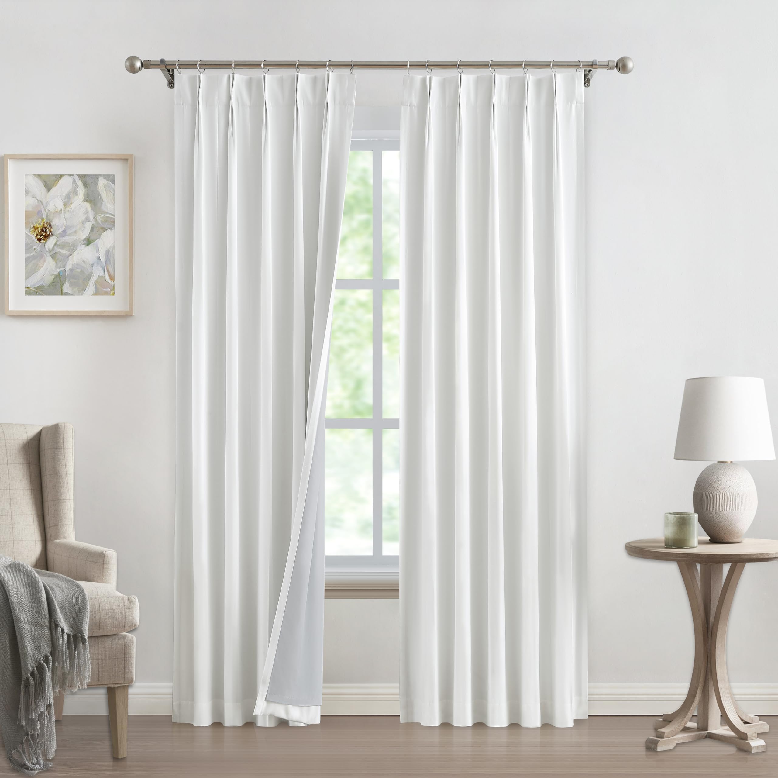 west lake bright white pinch pleated full blackout curtains,faux silk deluxe 100 room darkening panels 84 inches long,thermal insulated drapes with back tabs,energy saving window treatment for bedroom