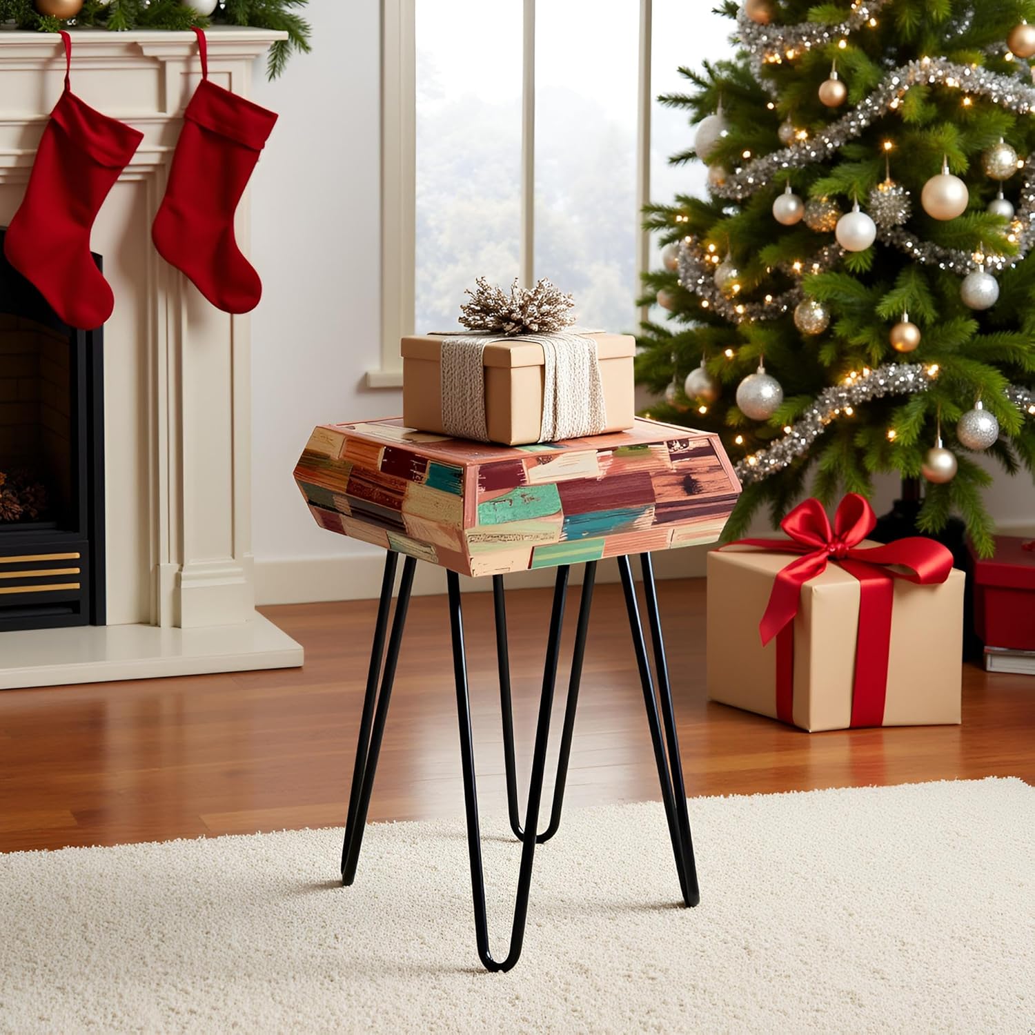 Multicolor Square Wood Drum Side Table 14" x 14" x 20" H Reclaimed Wooden Coffee End Table Vintage Handmade Accent Table Rustic Plant Stand Living Room Bedroom Patio Home Decor Outdoor