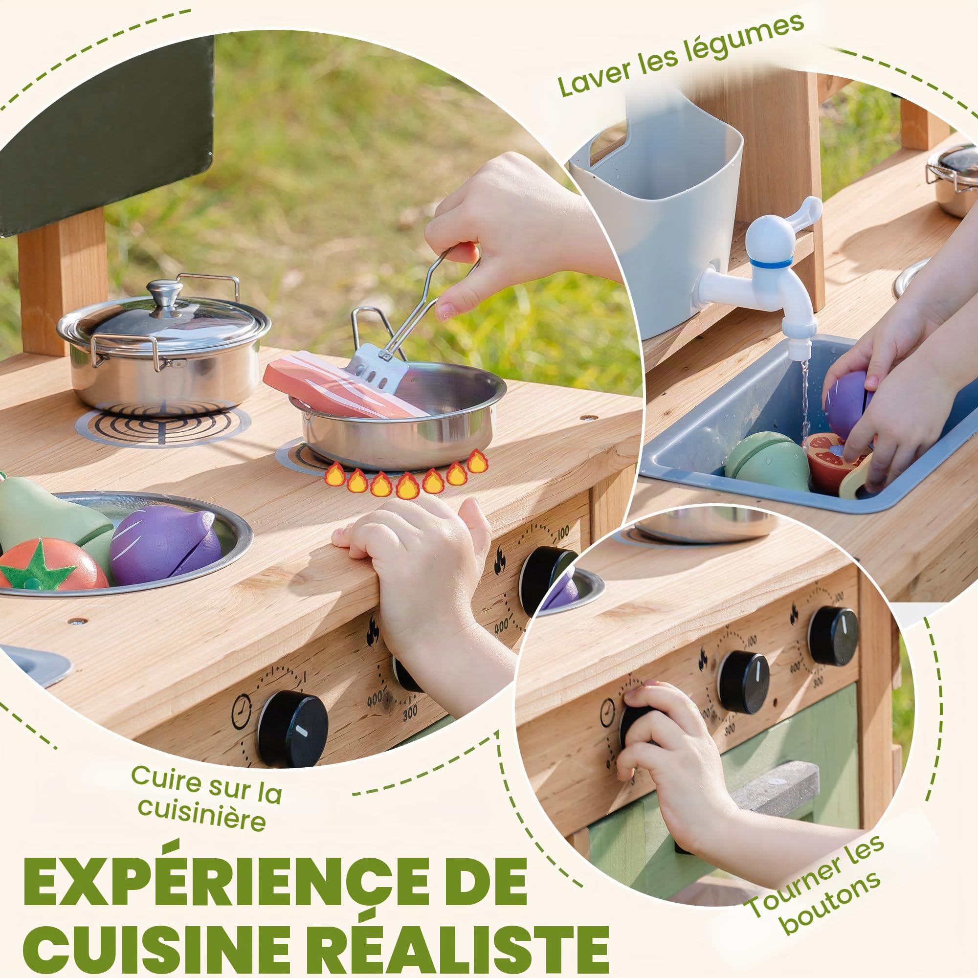 ROBUD Cuisine de boue pour enfants, cuisine de jeu en bois d'extérieur avec véritable robinet, évier amovible, bouilloire, tasse de plantation, four, tableau noir, jouet de cuisine de jardin pour