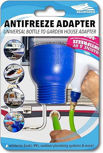 Botella anticongelante a manguera de jardín, adaptador de botella antiderrames, hace que la preparación para el invierno de RV, cámper, barco,