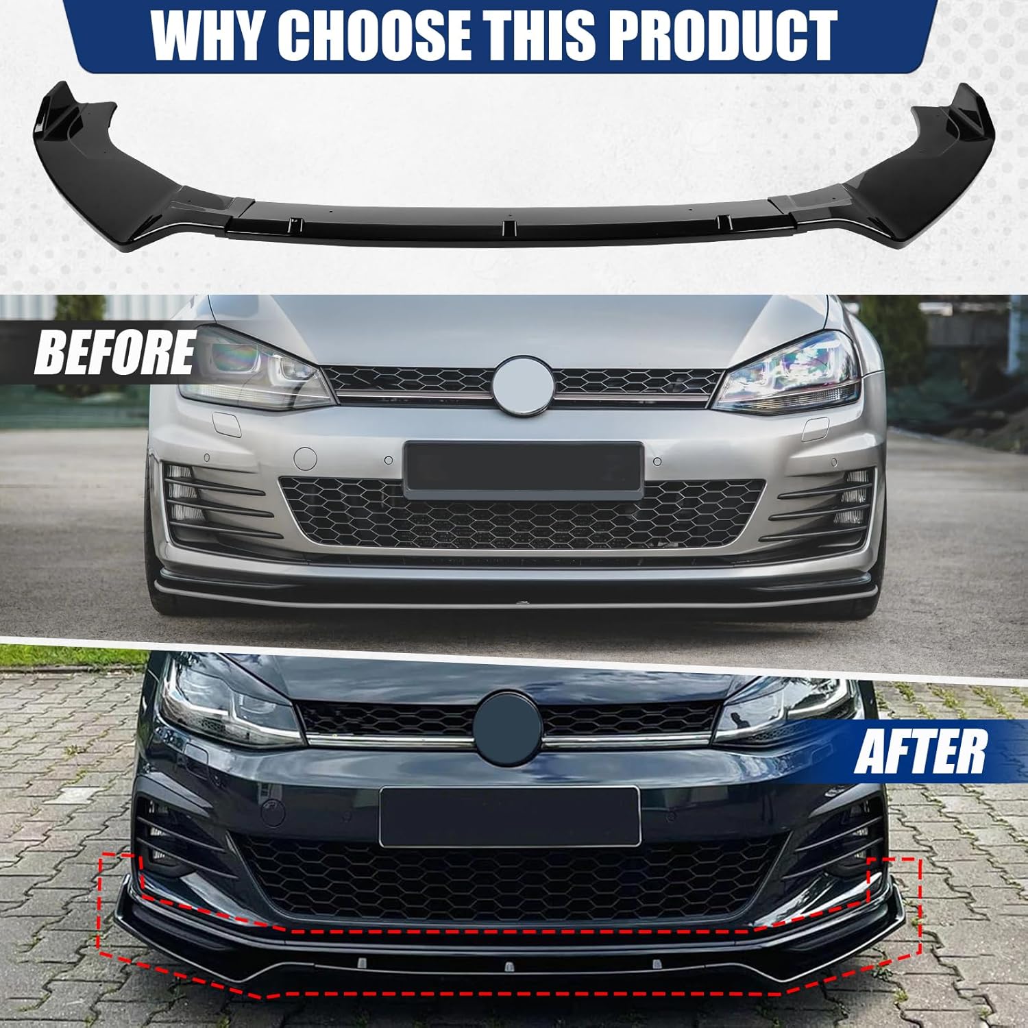 Fit for Front Bumper Lip Spoiler for 2015–2021 VW Golf GTI/Golf R/R-line MK7 7.5, Gloss Black ABS, Air Splitter Chin Body Kit