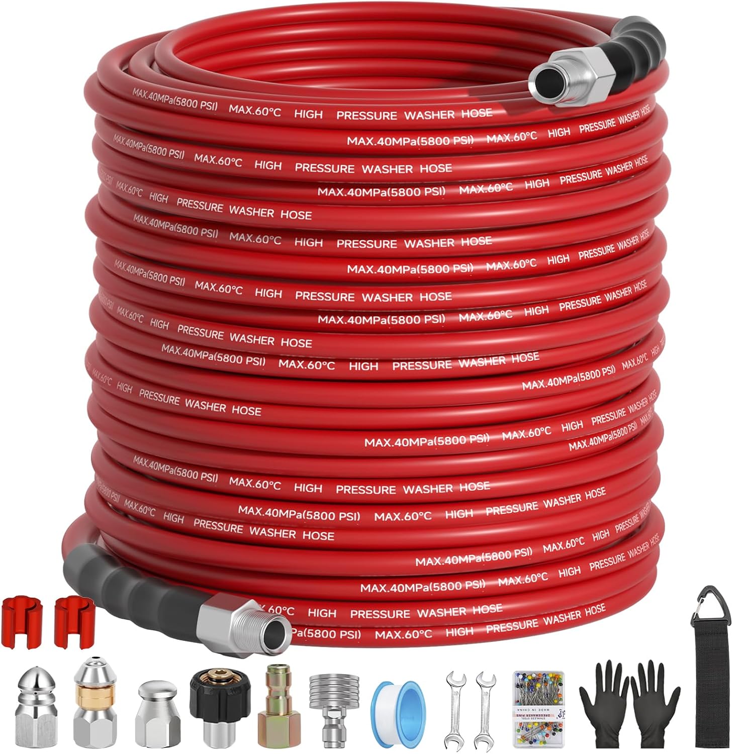 150FT Sewer Jetter Kit for Pressure Washer 5800PSI,1/4" NPT Drain Jetter Hose with 1/4" Quick Plug，3 Sewer Jet Nozzles，Spanners Teflon Tape Gloves and Spray Nozzle for Cleaning
