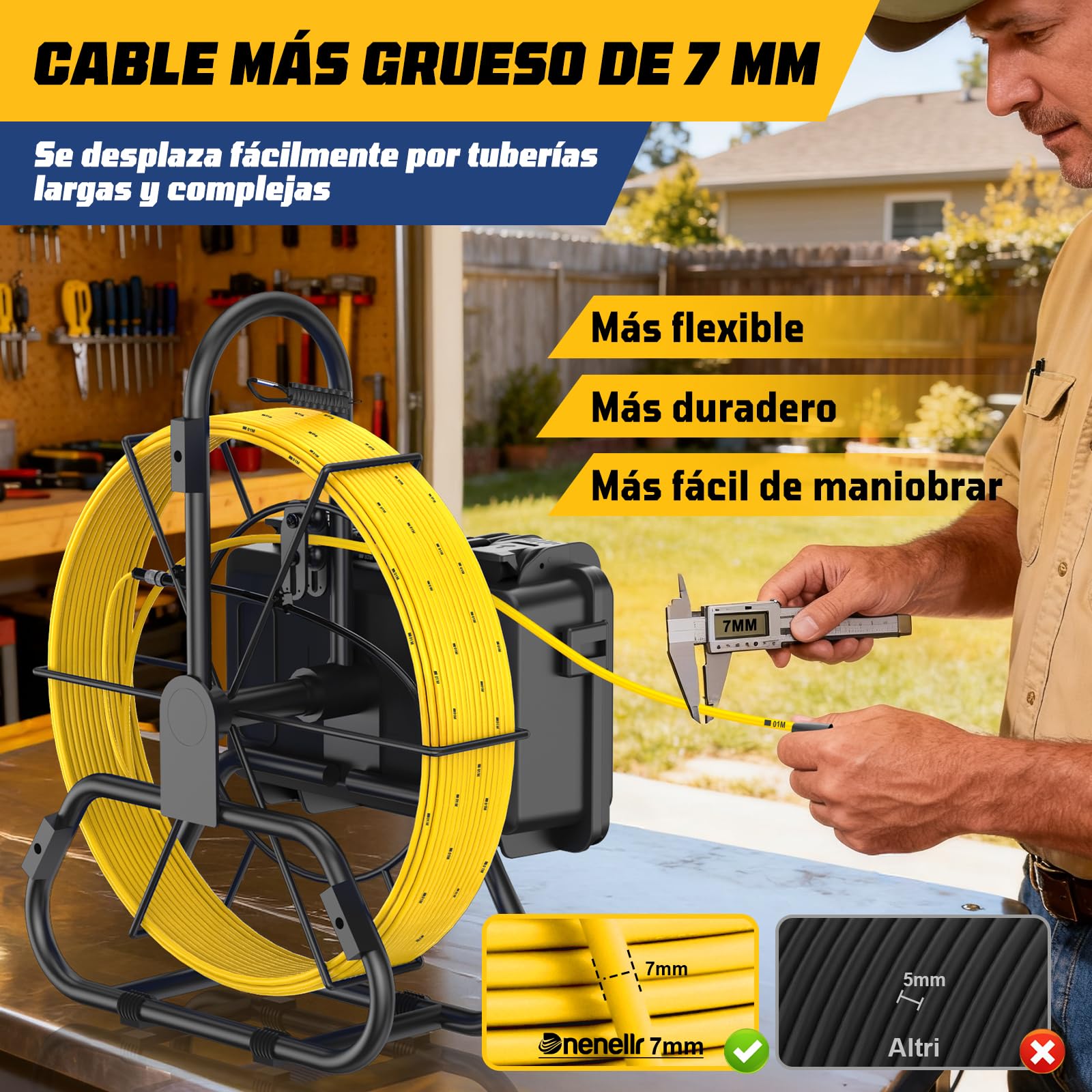 Cámara de Inspección de Tuberías con Sonda 512Hz, Cable Grueso 7MM, Auto-Nivelación 1080P, Pantalla IPS HD de 9", DVR 32GB, Batería 5100mAh, Impermeable IP68 (30M)