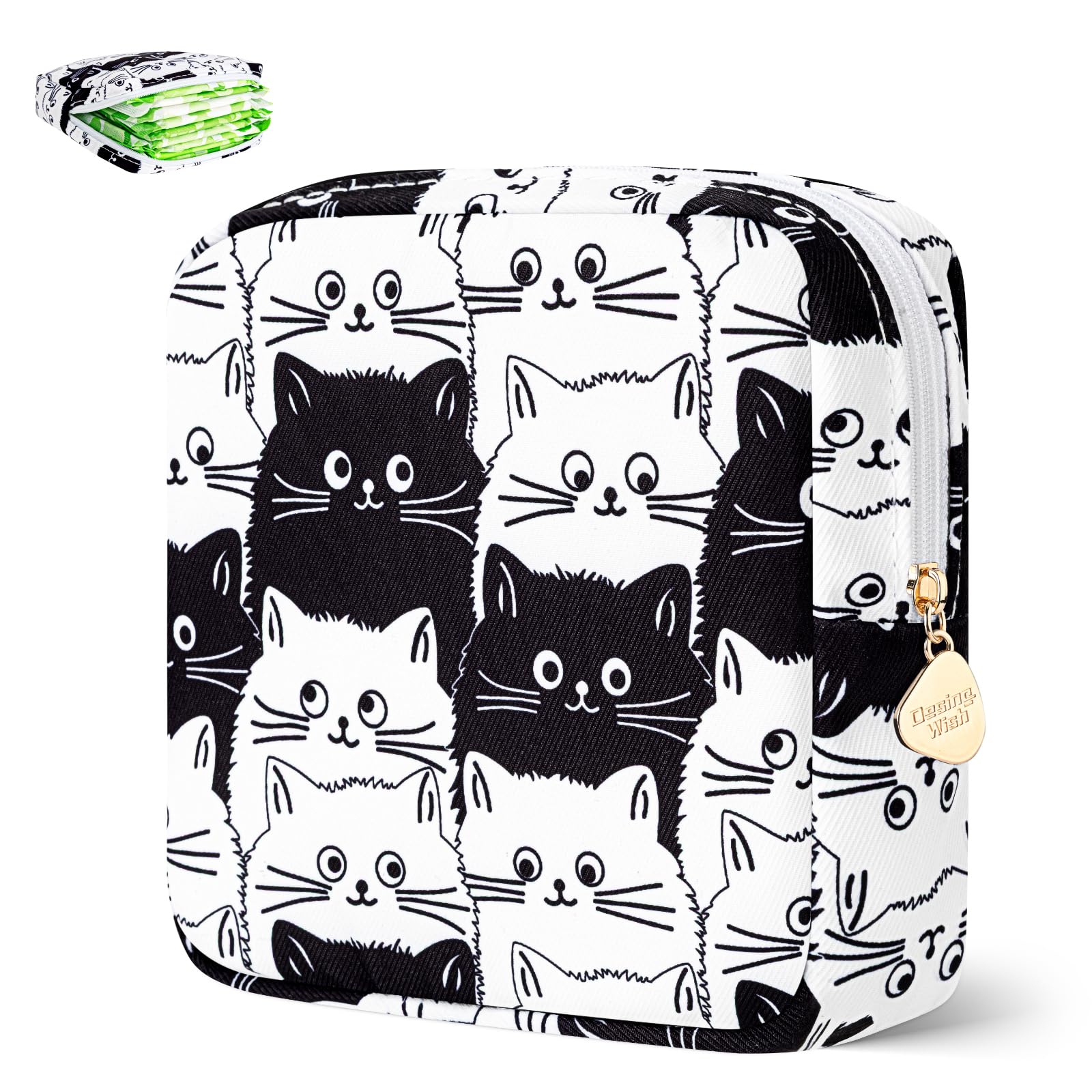 Sanitary Pad Storage Bag Portable Period Bag for Teen Pads/Sanitary Napkins/Small Tampons, Sanitary Napkin Storage Bag First Period Gifts for Teen Girls (Black-White Cats)