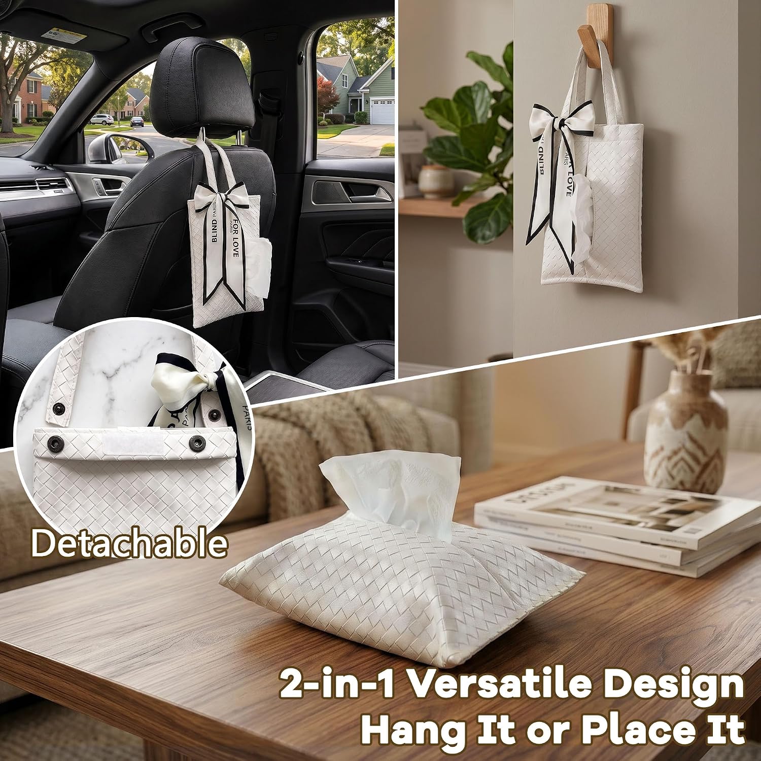 Hanging Faux Leather Tissue Box Holder for Car or Travel, Napkin, Desk RV image 5