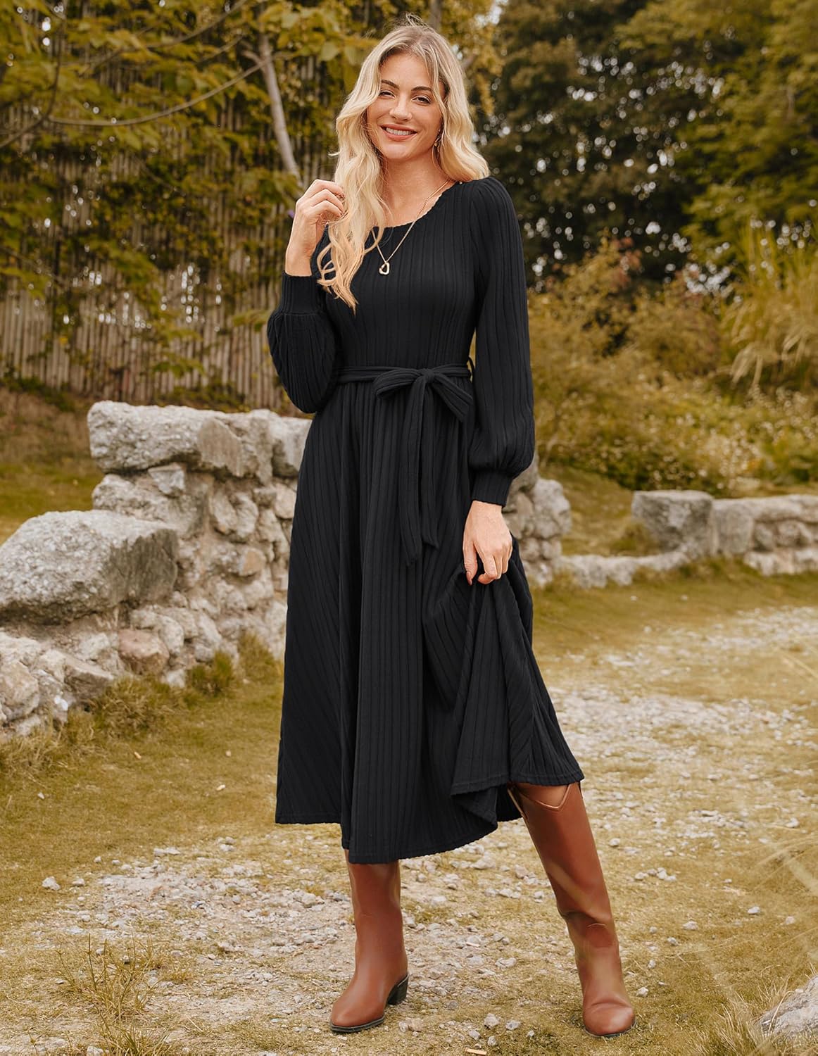 GRACE KARIN Casual Long Sleeve Dress 2025 A Line, Fall Sweater Dresses Ribbed, Crew Neck Midi Dress with Pocket - Image 8