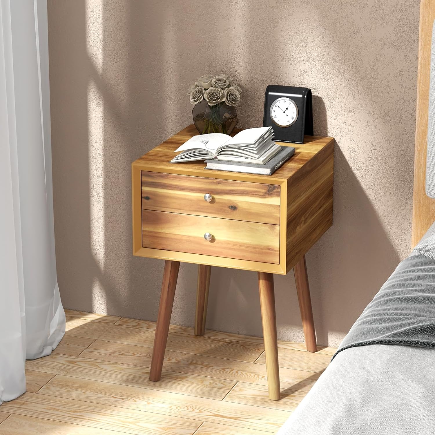 KOMFOTT 2-Drawer Nightstand Set of 2, Mid-Century Modern Bed Side Table with Storage, Multipurpose End Table Side Table with Rubber Wood Legs for Bedroom Living Room, Easy Assembly
