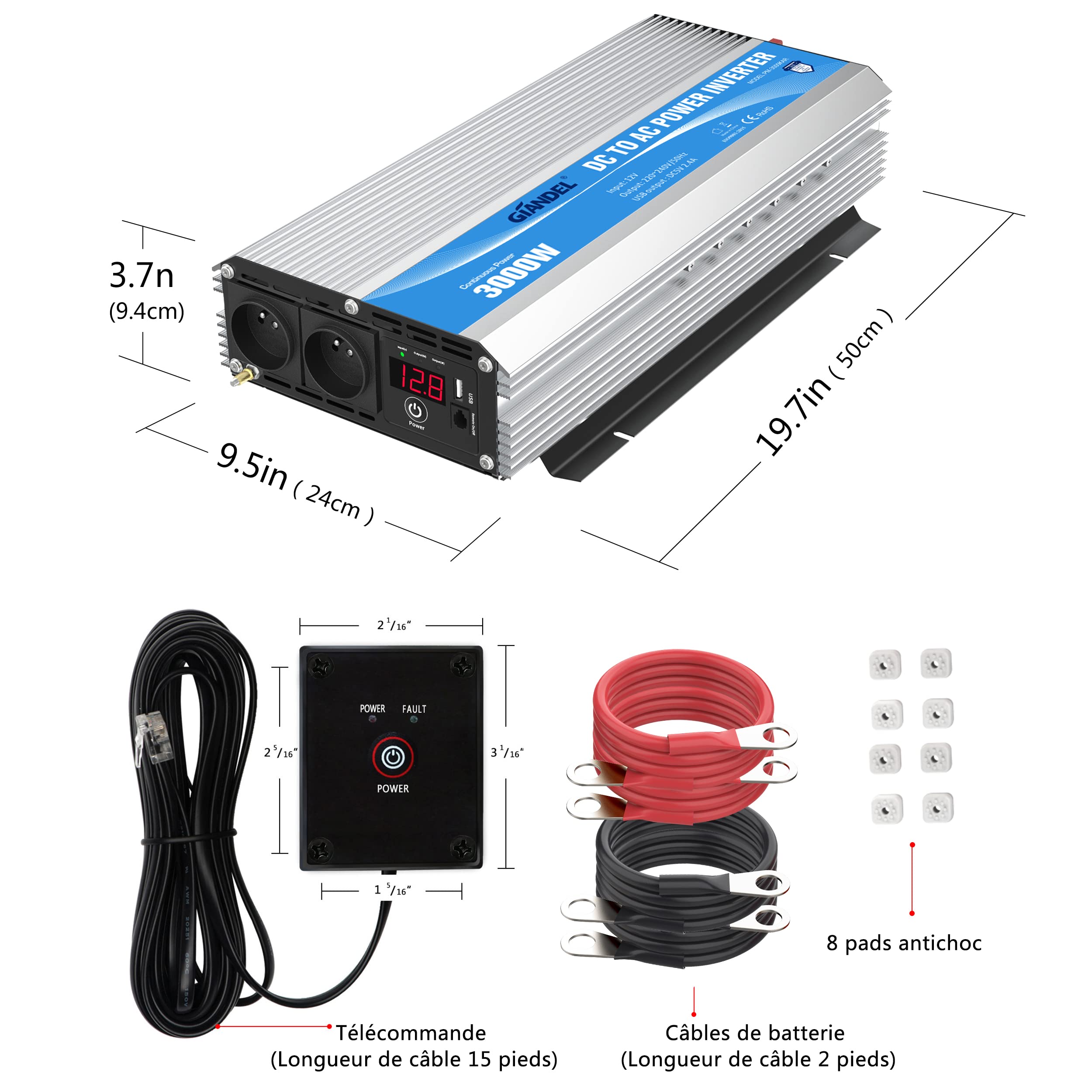 GIANDEL Convertisseur 12V 220V 3000W Onduleur à Onde Modifiée Transformateur Compatible Lithium-Batterie pour La Maison, RV, Camion, Hors Réseau Solaire avec 30 Pieds Télécommande Affichage LED