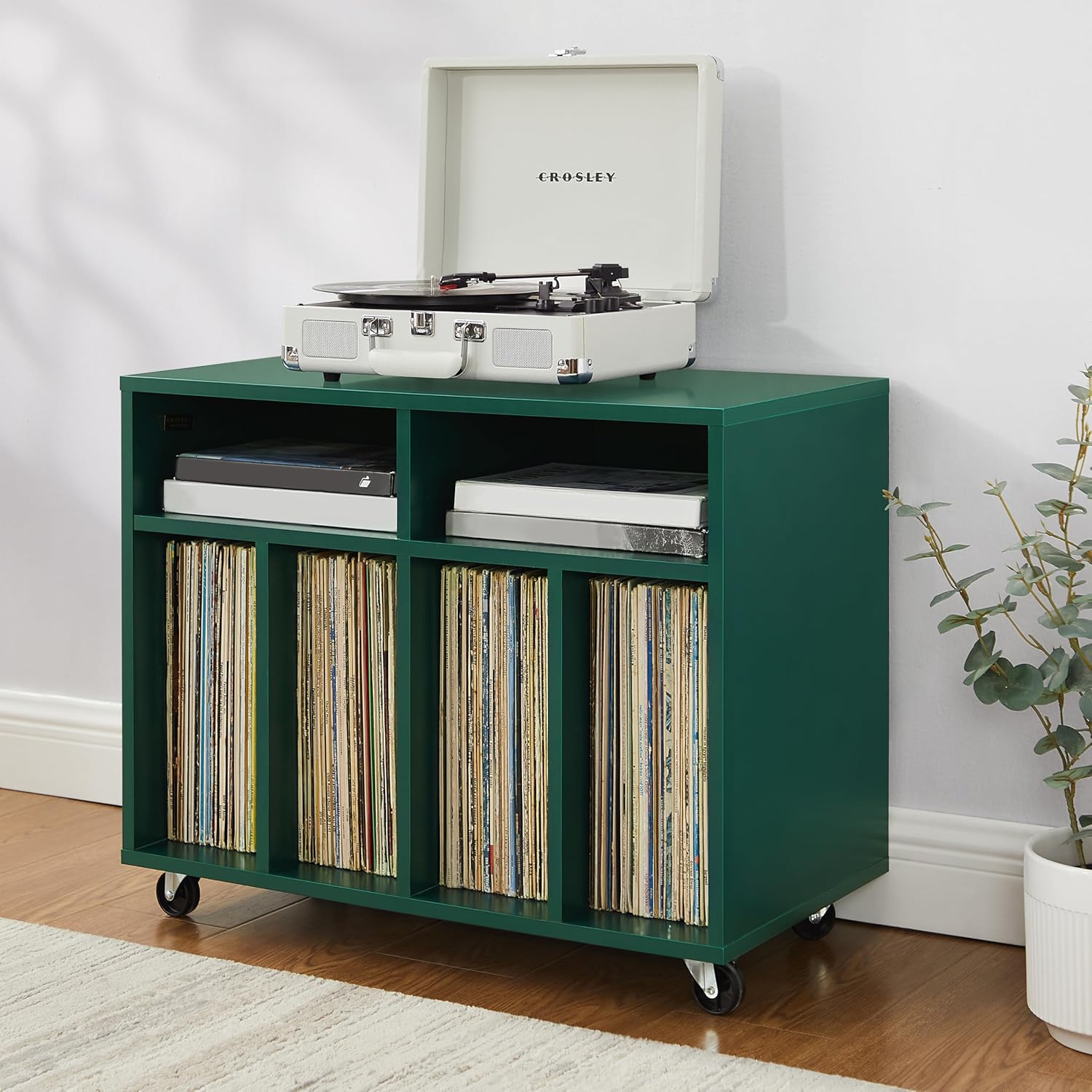Crosley Furniture Carlo Rolling Record Storage Console, Mobile Turntable Stand, Vinyl Records Holder, Dark Teal