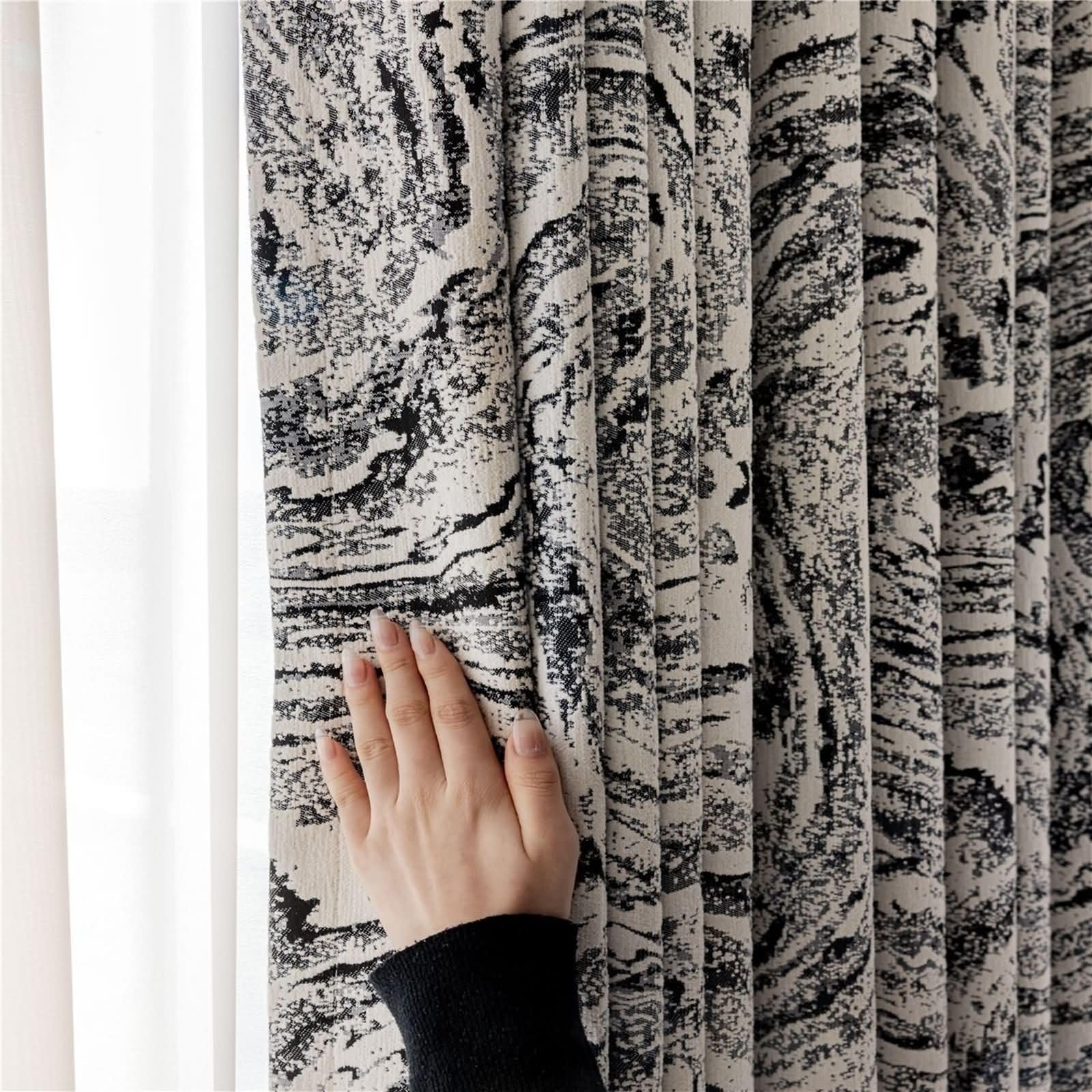 KnSam Rideaux Opaque Chenille Beige Noir, 2 Pièces, Rideau Chambre Salon Jacquard Nuage à Œillets, 132x183cm x 1pcs