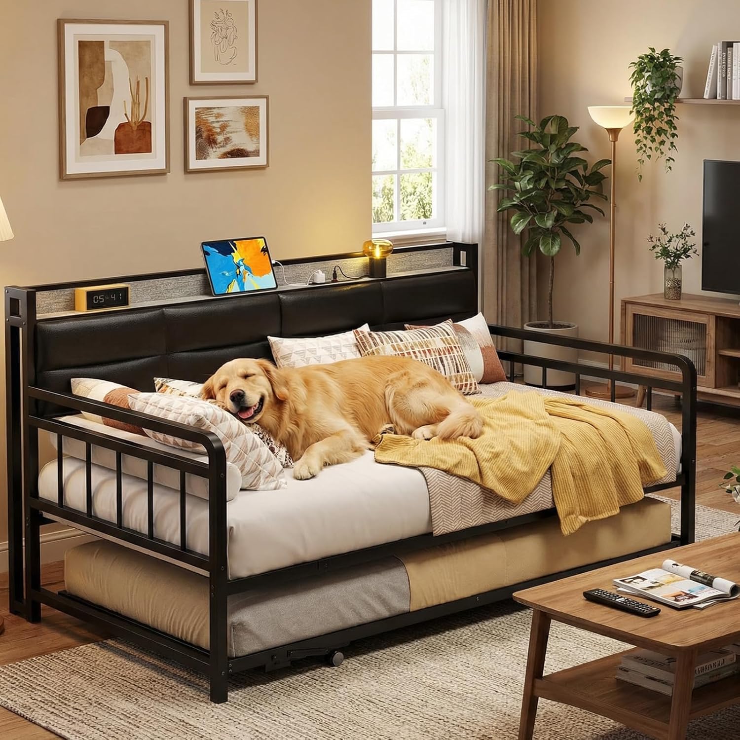Homieasy Twin Daybed with Pop-Up Trundle - Upholstered Leather Headboard with Charging Station, Sturdy Metal Sofa Day Bed Frame for Small Apartment, Bedroom, Guest Room, Light Gray