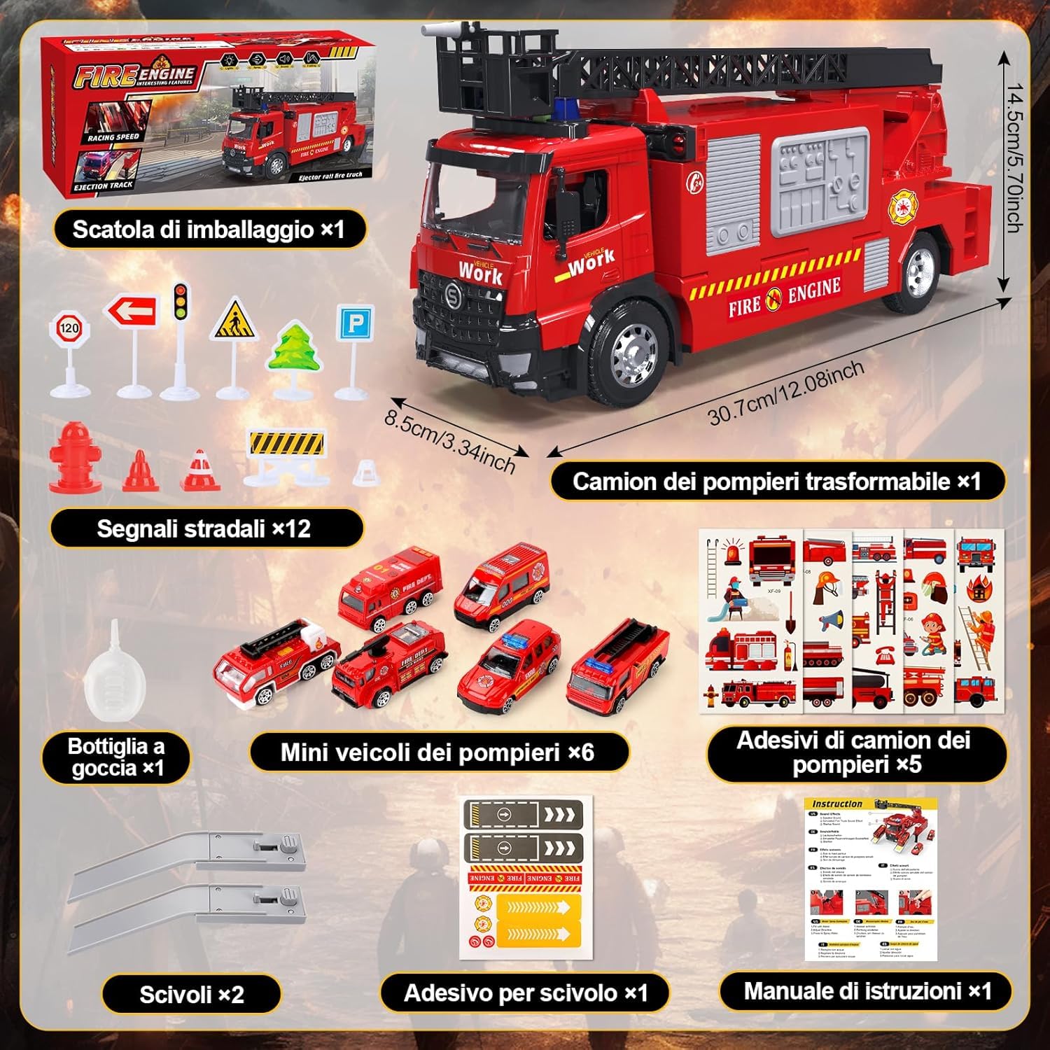 JONRRYIN Camion Pompieri Giocattolo per Bambini, Autopompa dei Vigili del Fuoco con Luci e Suoni, Pompiere Giocattoli con Irrigatore e Scala Retrattile, Regalo Antincendio Bambini 3 4 5 6 7 8 Anni