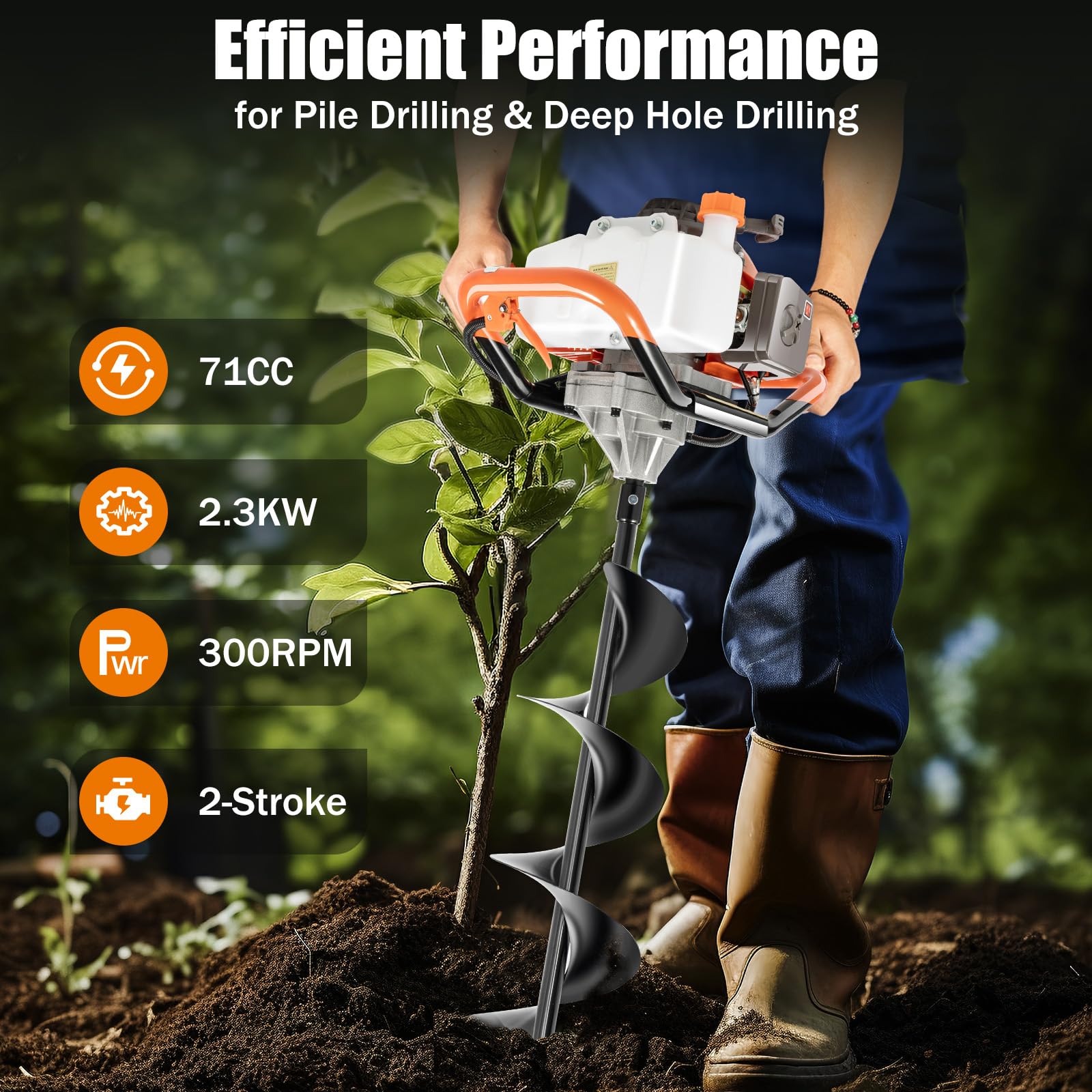 72cc Ahoyadora de gasolina, 2.3kw de 2 tiempos con 3 brocas (Ø100/150/200mm), ahoyadora de gasolina para tierras de cultivo, jardín y plantas | 0-300rpm | 1L de tanque