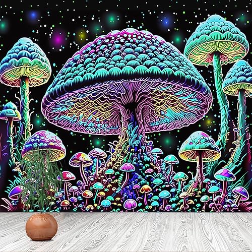 Miniatura 1 de vavalad Tapiz de hongos arco iris, planta de fantasía, tapiz de luz negra en hongos oscuros, tapiz de reacción de luna, póster para colgar en la