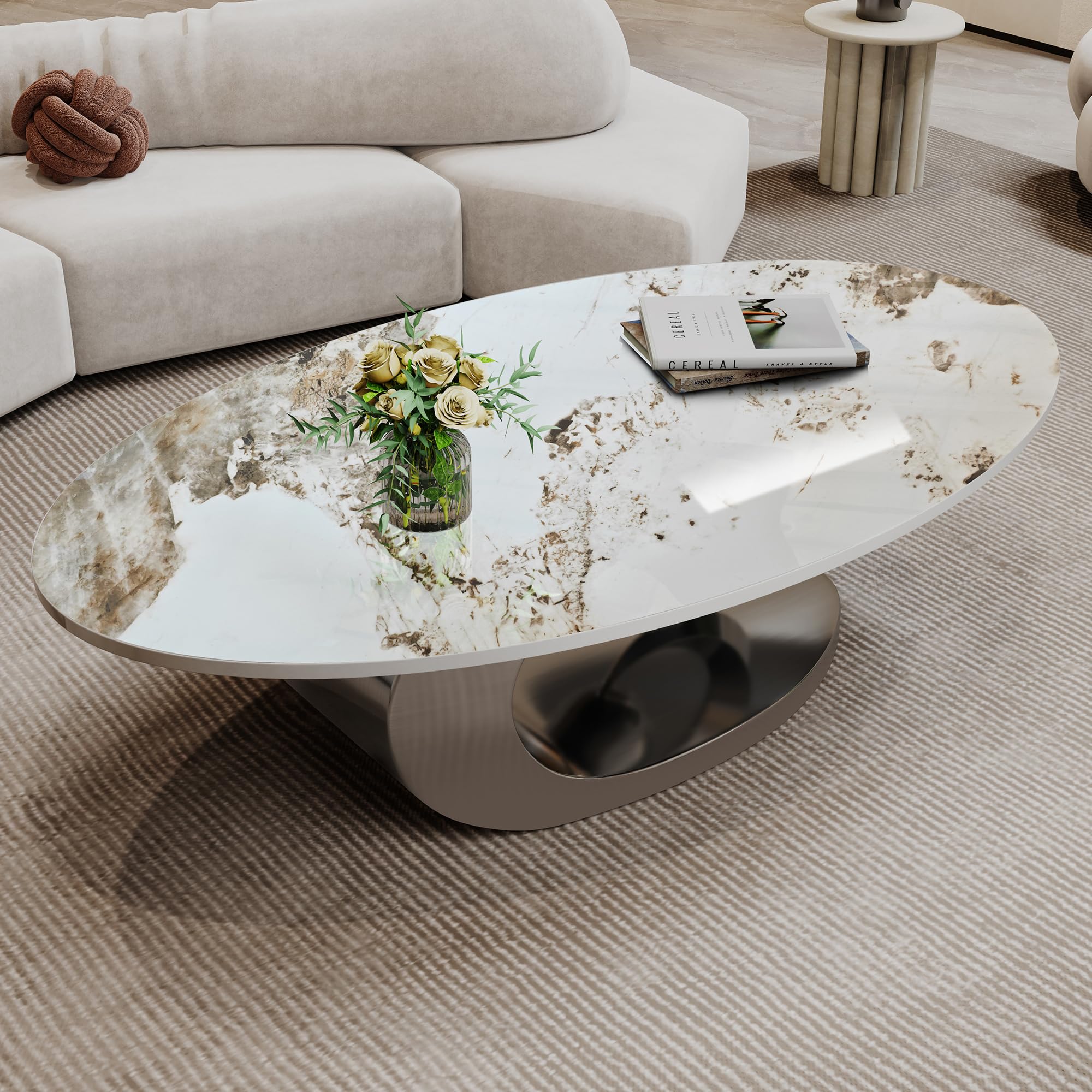 Modern Coffee Table with Gold Stainless Steel Pedestal,Oval