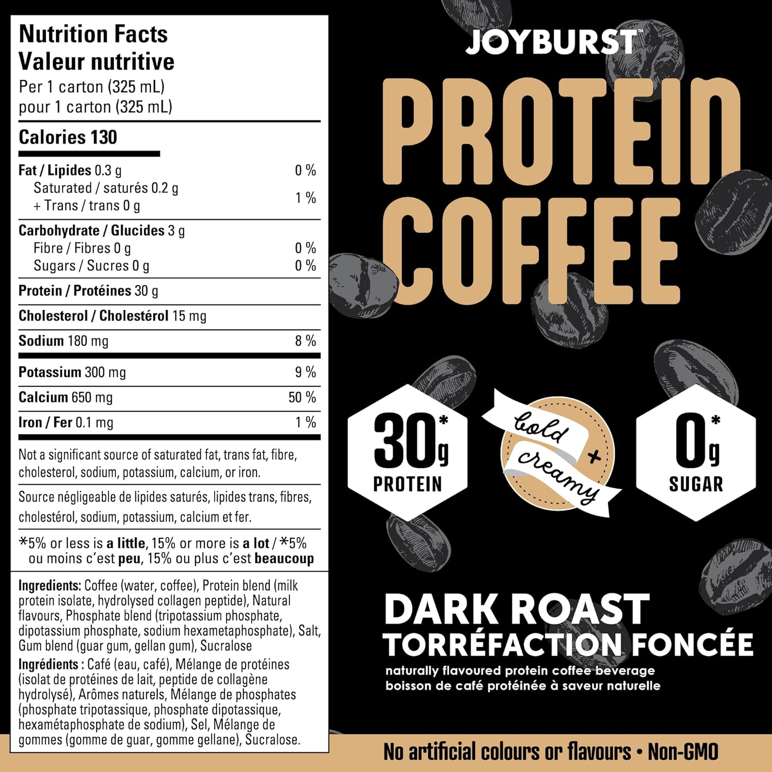 Joyburst Protein Coffee Beverage, 0g Sugar, 30g Protein, 80mg caffeine Ready to Drink sugar-free protein shake, Dark Roast coffee, Naturally Flavored, Non-GMO, 18 x 325 mL Pack