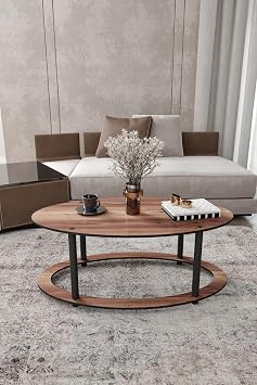 Oval 2 Katlı Ahşap Orta Sehpa Modern Oturma Odası ve Salon İçin Dekoratif Şık Tasarım Kullanışlı Dayanıklı Orta Masa (Ceviz)