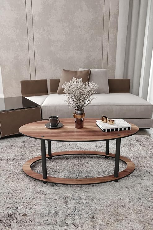 Oval 2 Katlı Ahşap Orta Sehpa Modern Oturma Odası ve Salon İçin Dekoratif Şık Tasarım Kullanışlı Dayanıklı Orta Masa (Ceviz)